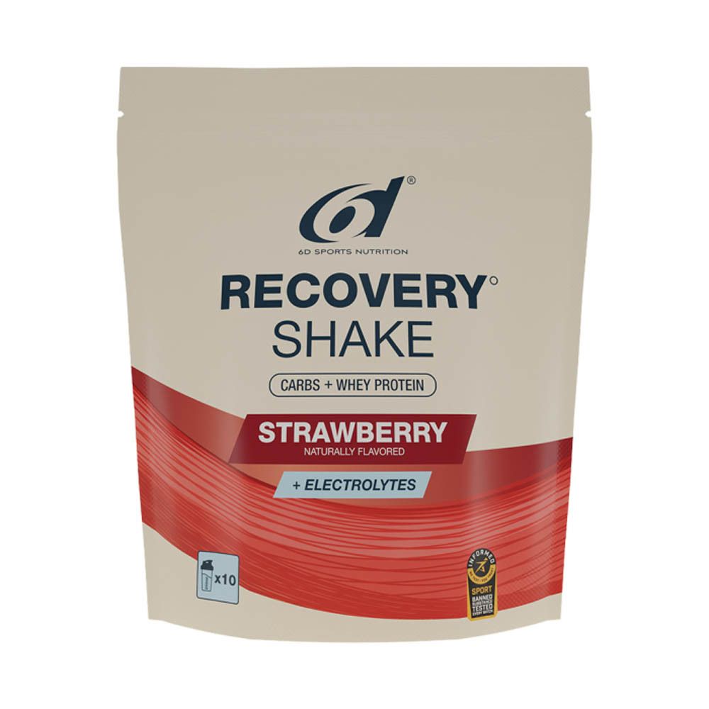 Zak 6D Sports Nutrition Recovery Shake. Aardbei smaak, + elektrolyten. Logo en productnaam duidelijk zichtbaar.