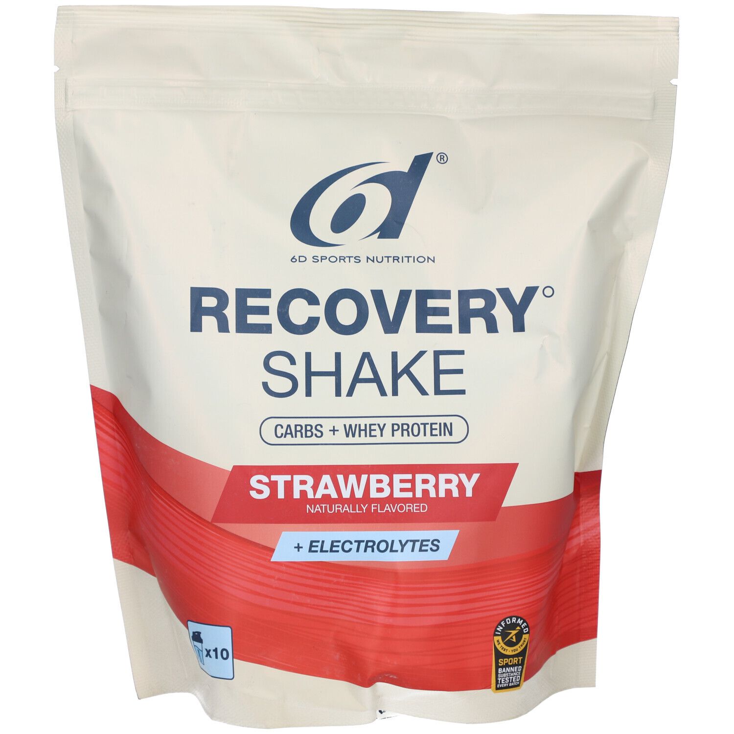 Zak 6D Sports Nutrition Recovery Shake. Aardbei smaak, + elektrolyten. Logo en productnaam duidelijk zichtbaar.
