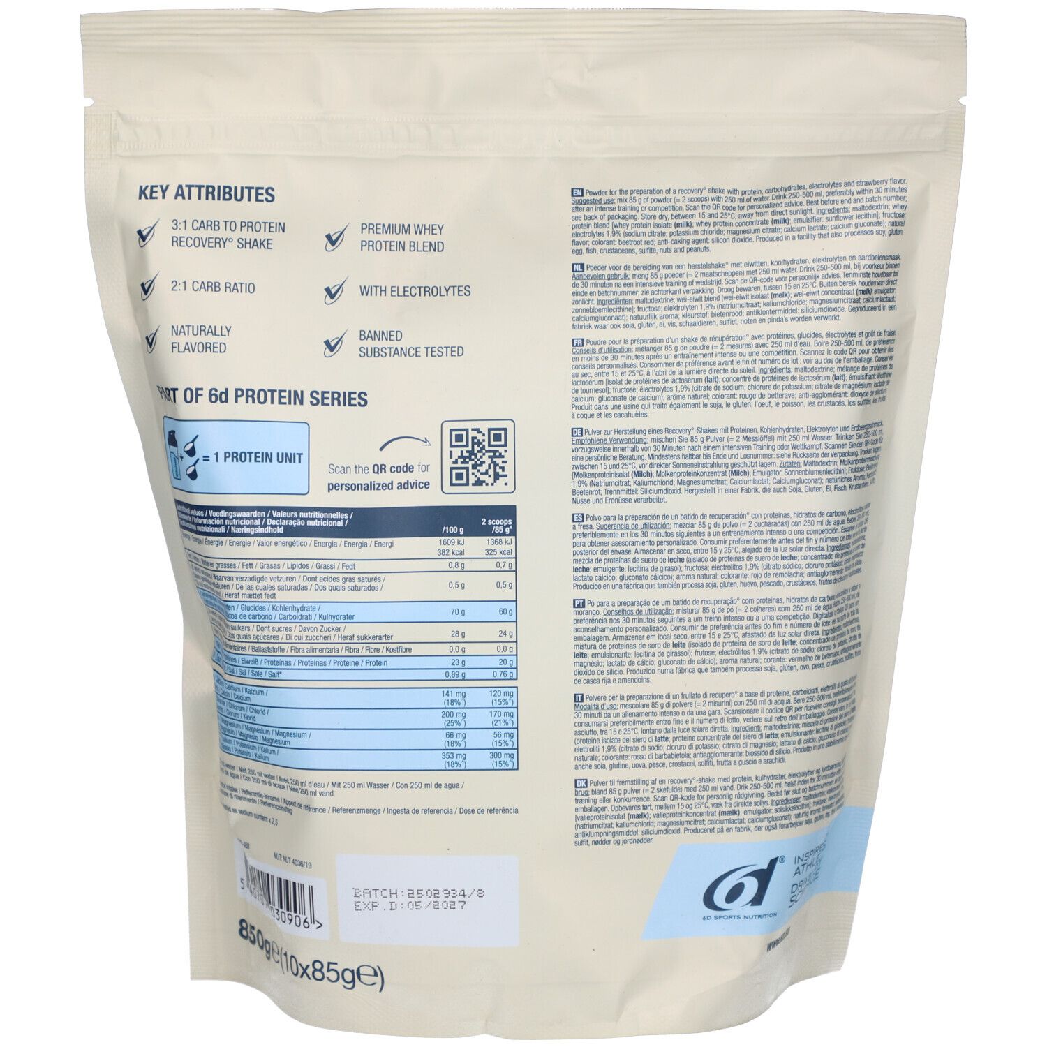 Achterkant van de zak 6D Sports Nutrition Recovery Shake. Bevat informatie over ingrediënten en voedingswaarde. QR-code en logo.