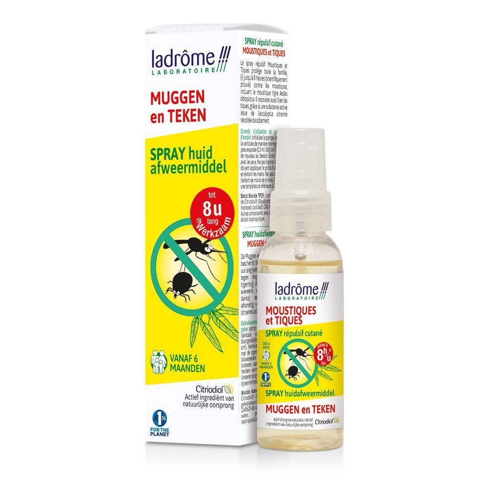 Sprayfles en verpakking. Opschrift: Moustiques et Tiques, Spray répulsif cutané. Gele verpakking met insectenafbeelding.