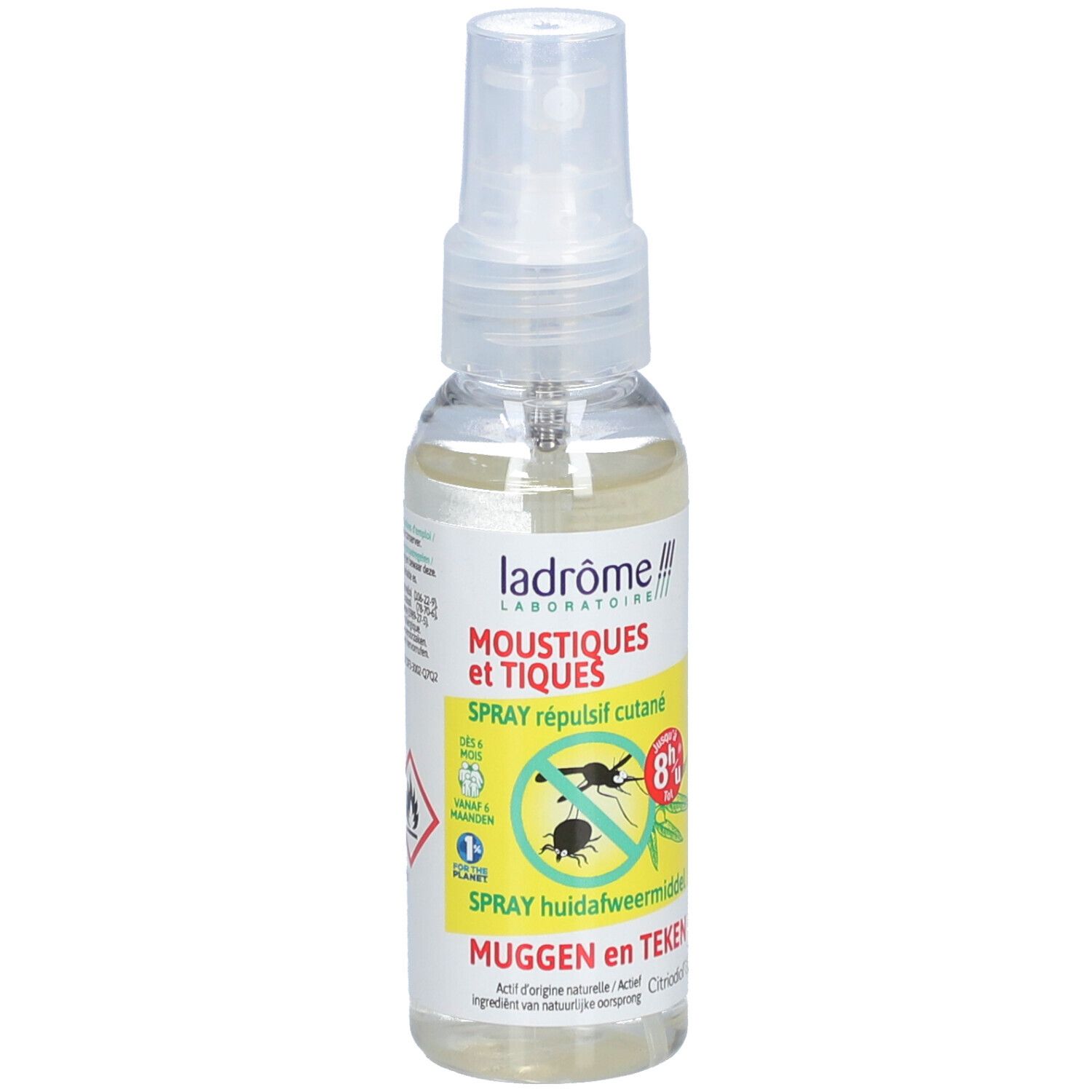 Sprayfles. Opschrift: Moustiques et Tiques, Spray répulsif cutané. Voorkant met insectenafbeelding en tekst.