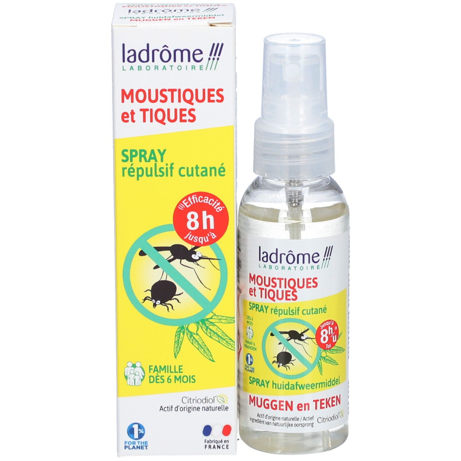 Sprayfles en verpakking. Opschrift: Moustiques et Tiques, Spray répulsif cutané. Gele verpakking met insectenafbeelding.