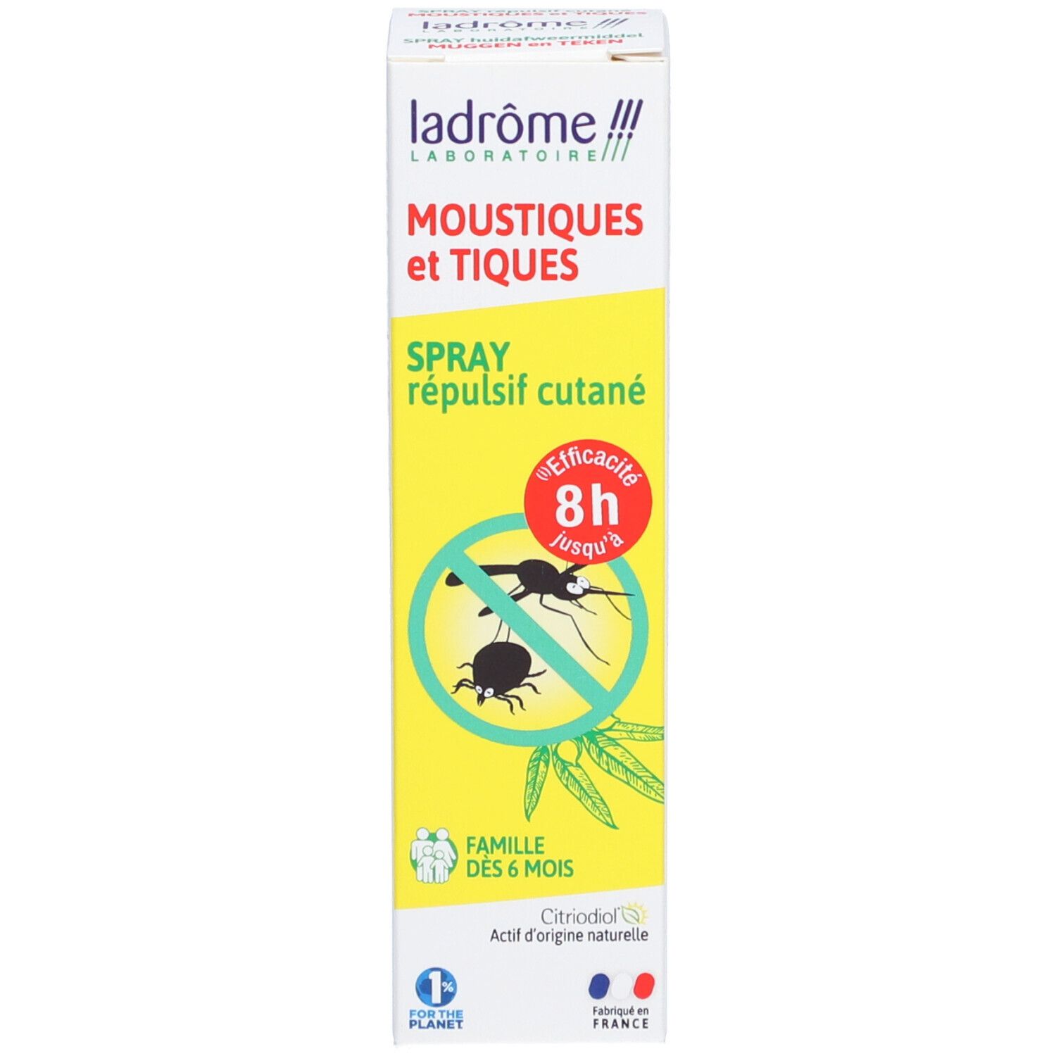 Verpakking. Opschrift: Moustiques et Tiques, Spray répulsif cutané. Gele verpakking met insectenafbeelding en tekst.