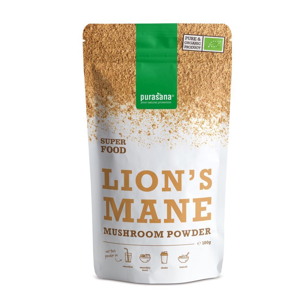 Sachet de poudre de crinière de lion Purasana. Vue de face avec nom du produit, logo et label bio. 100g.