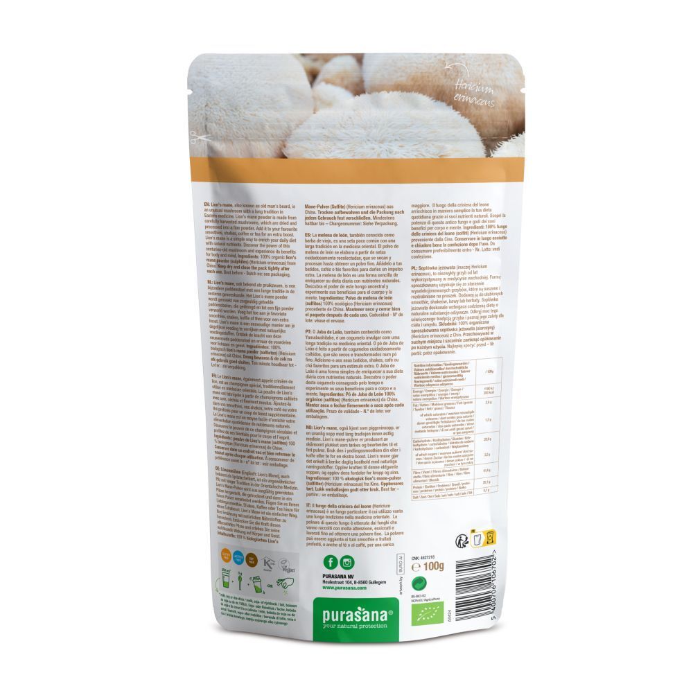 Dos du sachet de poudre de crinière de lion Purasana. Contient des informations multilingues, des informations nutritionnelles et un logo.