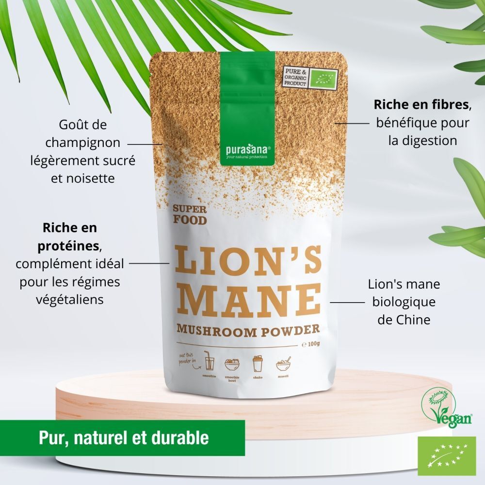 Sachet de poudre de crinière de lion Purasana avec texte. Souligné : riche en protéines, bon pour la digestion, végétalien.