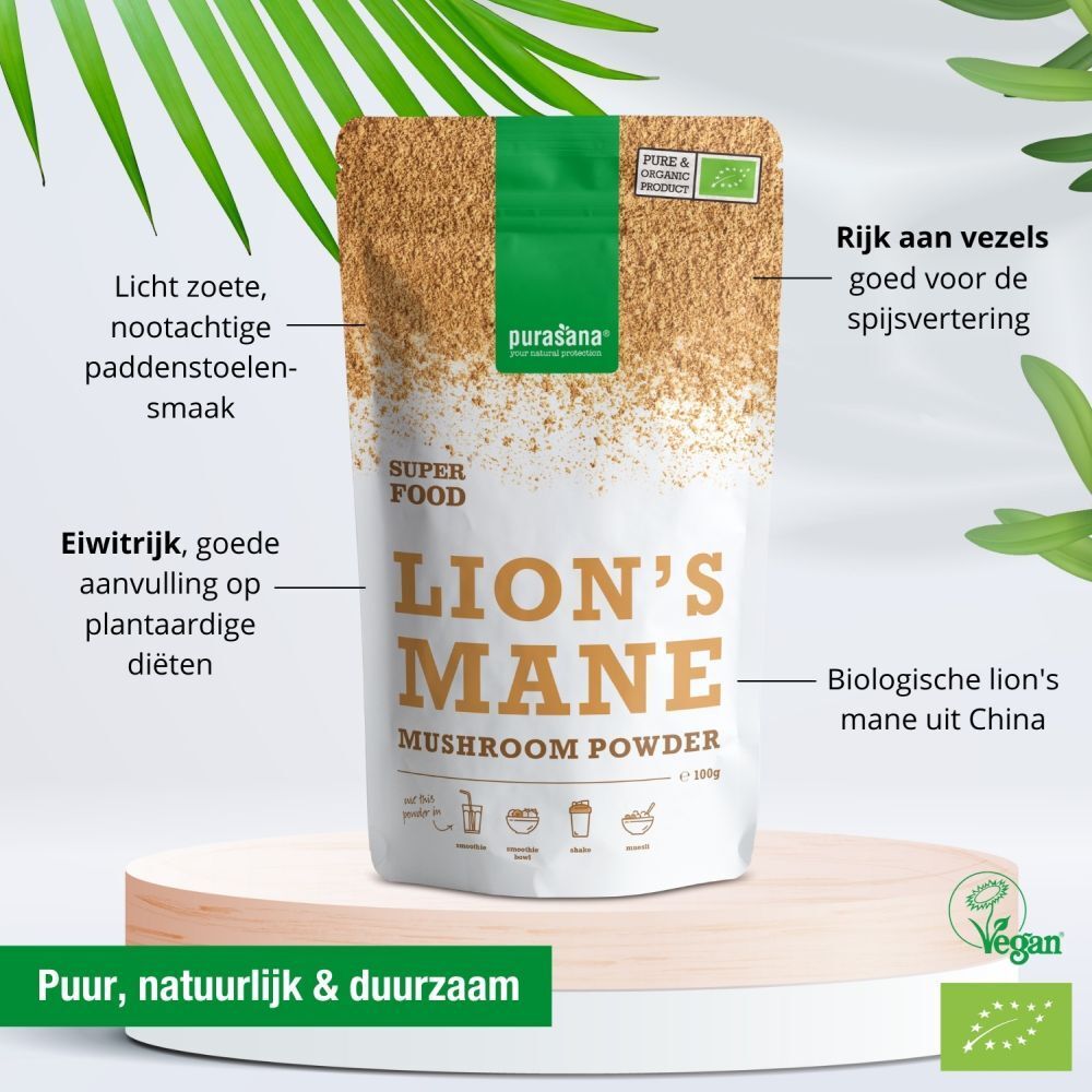 Purasana Lion's Mane poeder zakje met tekst. Uitgelicht: hoog eiwitgehalte, goed voor de spijsvertering, vegan.