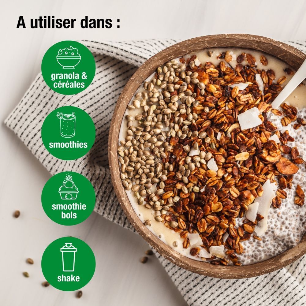 Bol avec granola, smoothie, bols à smoothie et shake. Icônes vertes montrant l'utilisation de la poudre de crinière de lion Purasana.