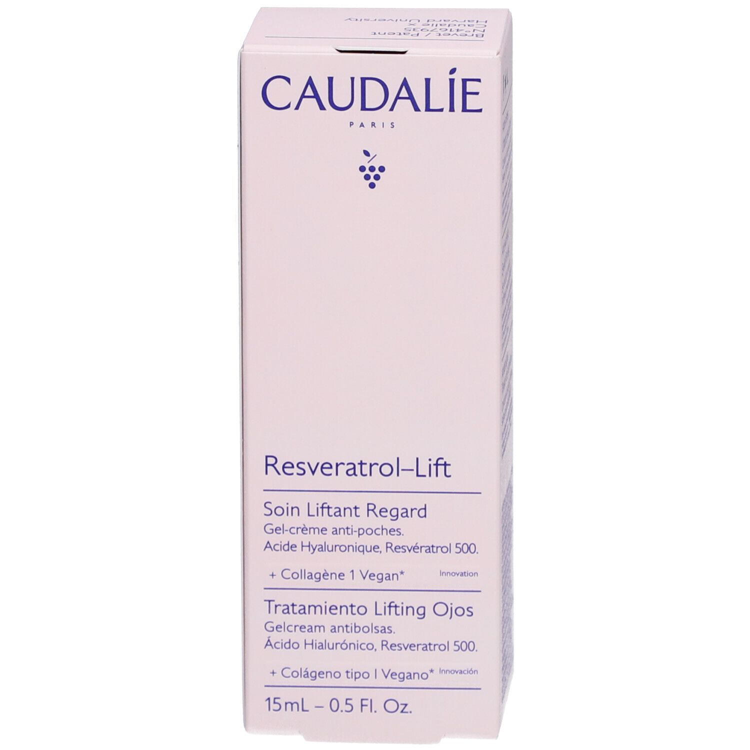 Rosa Schachtel mit Caudalie-Logo und Produktbezeichnung Resveratrol-Lift. Inhaltsstoffe und Informationen.