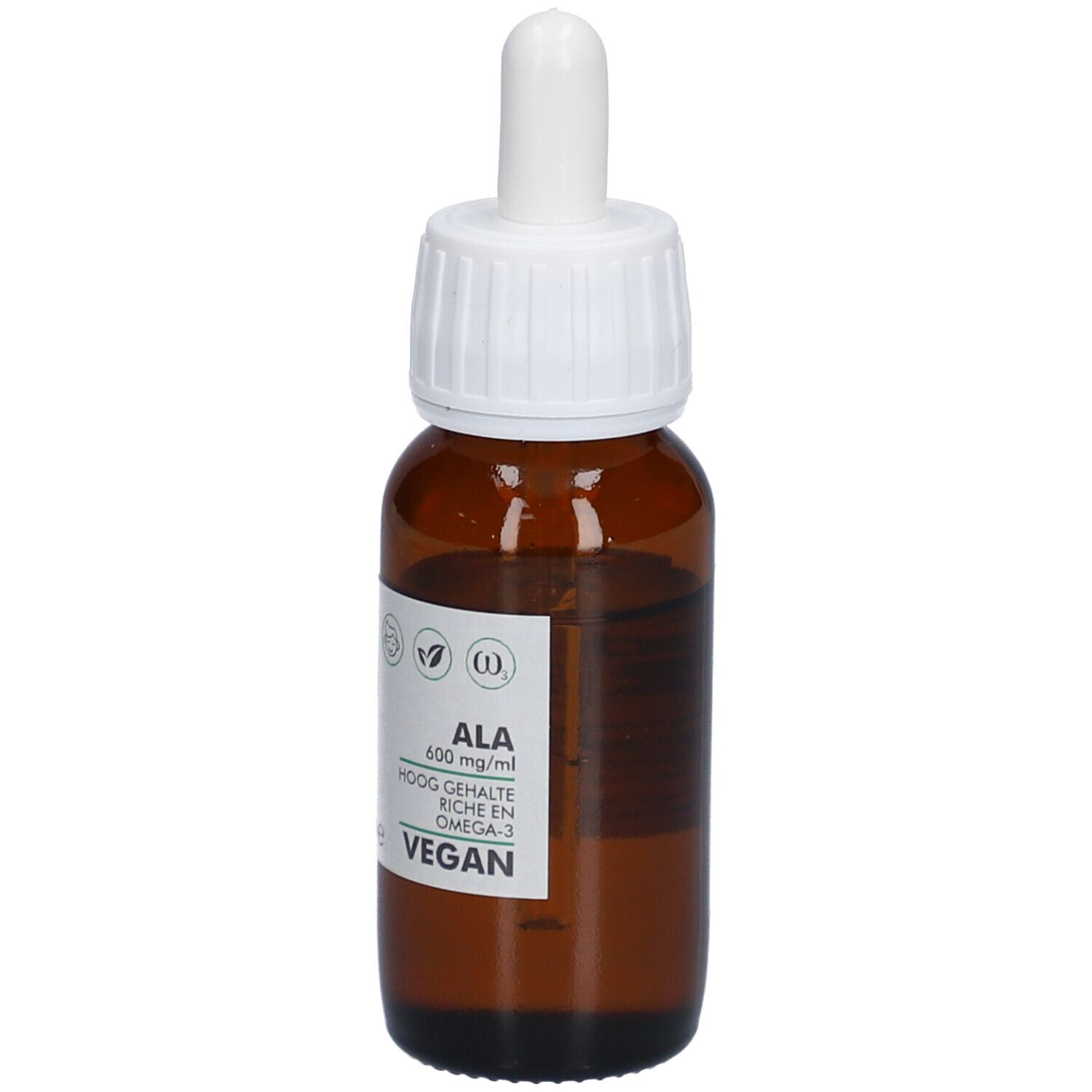 Braune Glasflasche mit weißem Verschluss und Pipette. Etikett mit Produktinformationen, ALA und Vegan-Logo.
