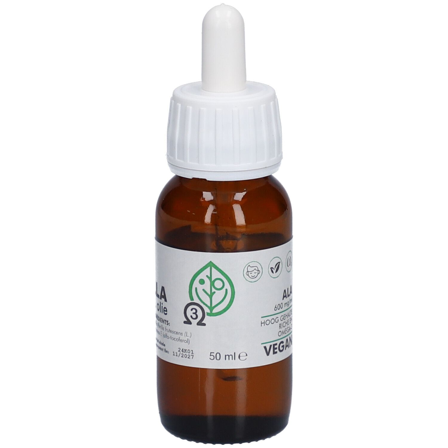 Braune Glasflasche mit weißem Verschluss und Pipette. Etikett mit Produktinformationen, 50 ml und Vegan-Logo.