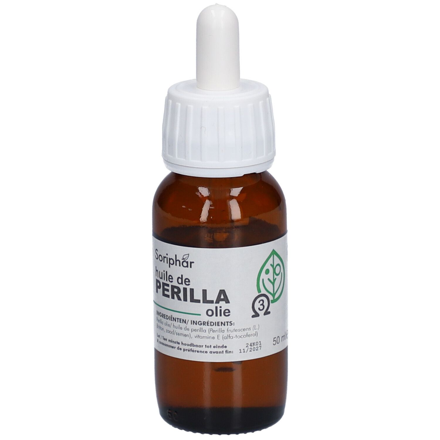 Braune Glasflasche mit weißem Verschluss und Pipette. Etikett mit Produktinformationen, 50 ml und Vegan-Logo.