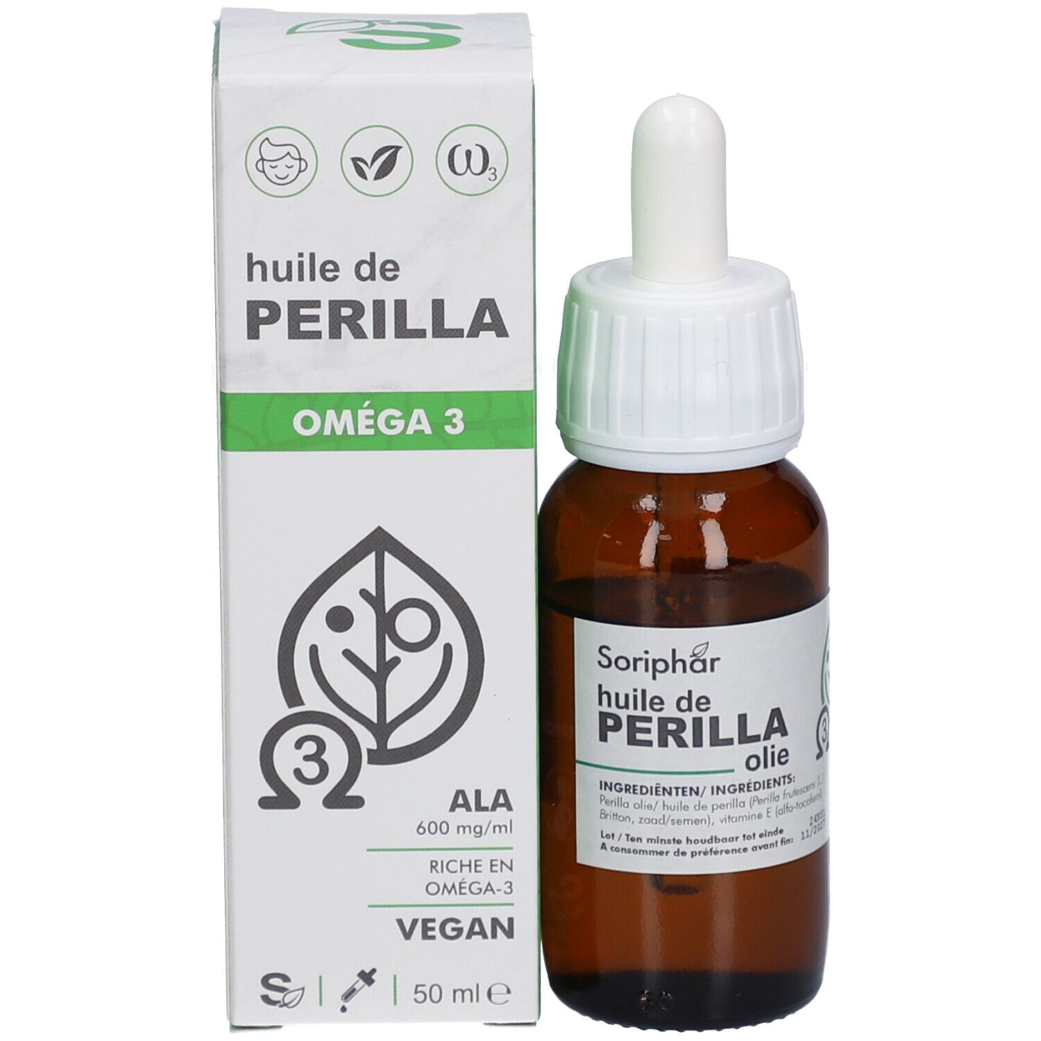 Produktflasche mit Umverpackung. Flasche mit Pipette, daneben Schachtel mit Produktnamen und Omega 3.