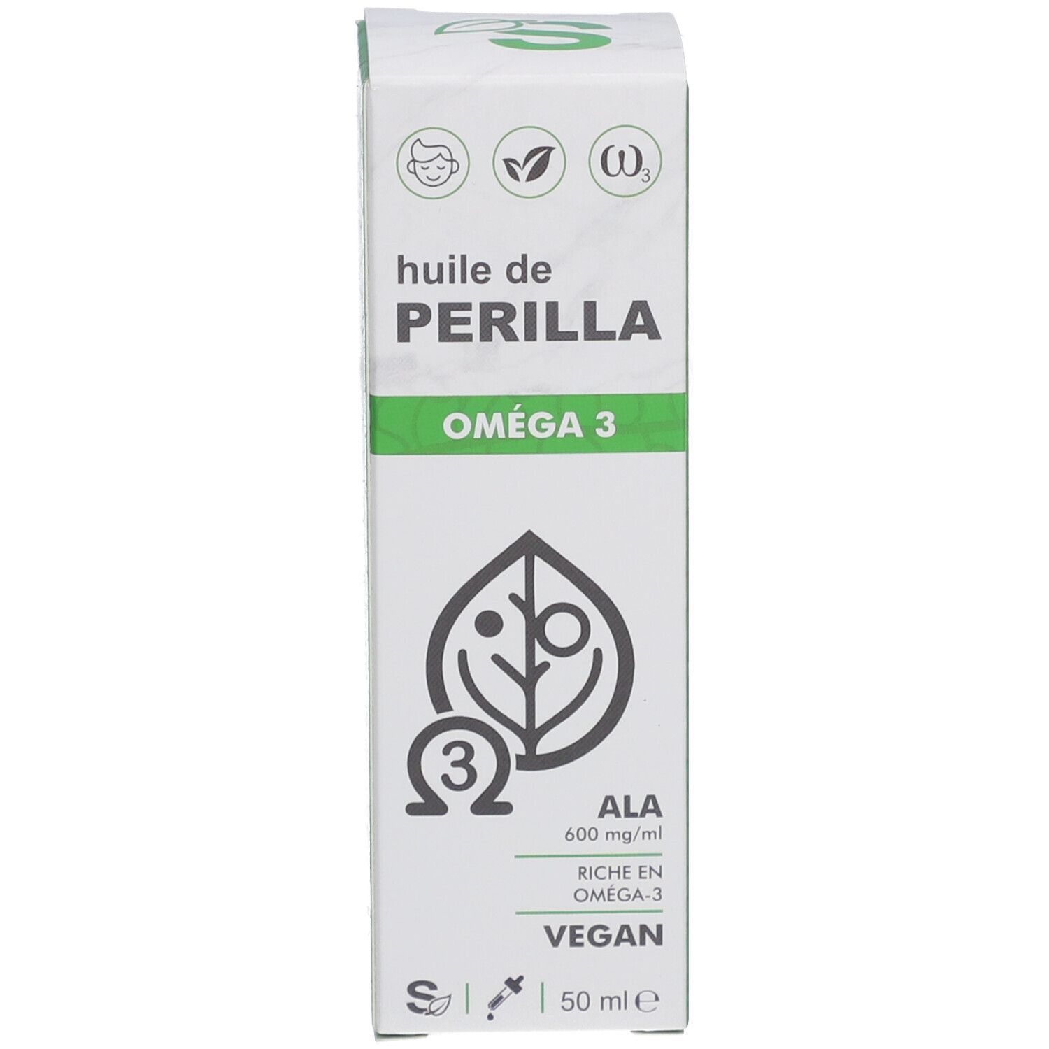Produktverpackung mit Flasche. Weiße Schachtel mit Produktnamen, Omega 3 und Vegan-Logo.
