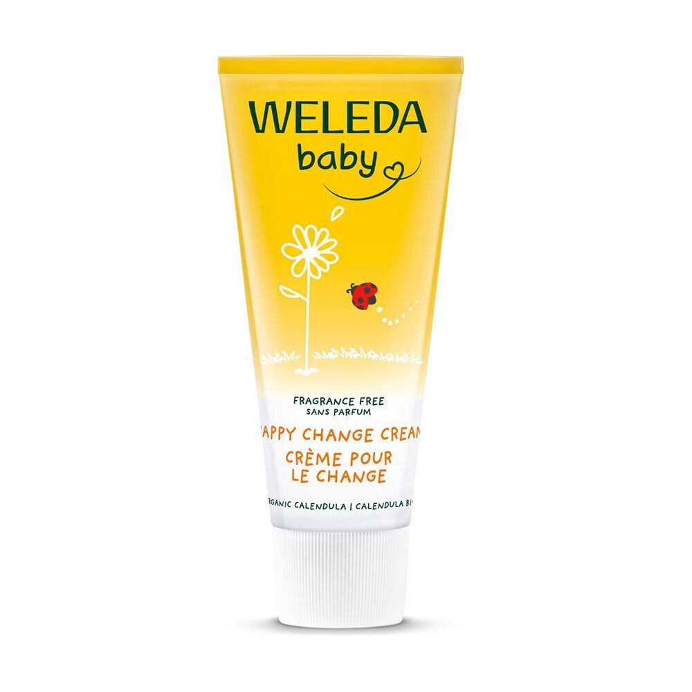 Tube de crème Weleda Baby. Inscription: Nappy Change Cream, Calendula, sans parfum.