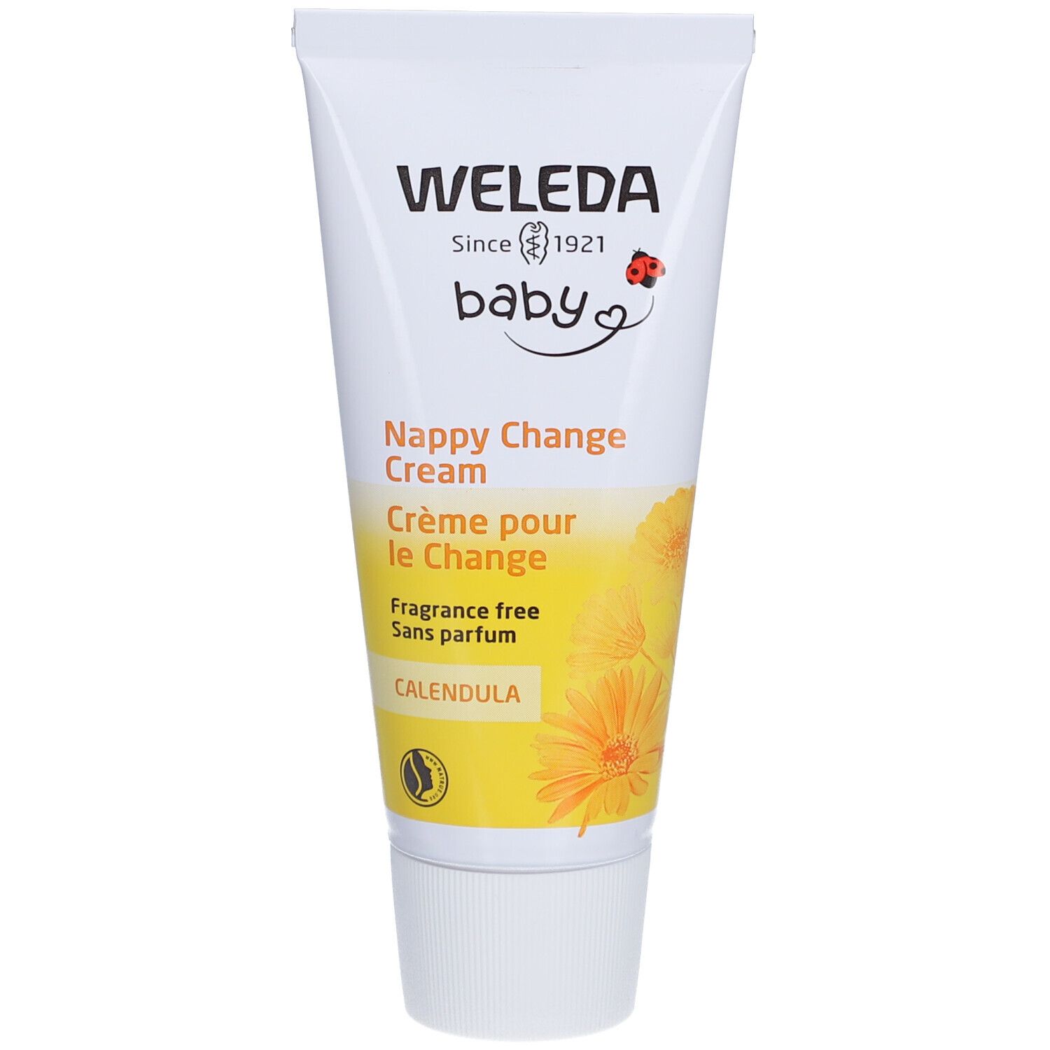 Tube de crème Weleda Baby. Inscription: Nappy Change Cream, Calendula, sans parfum.