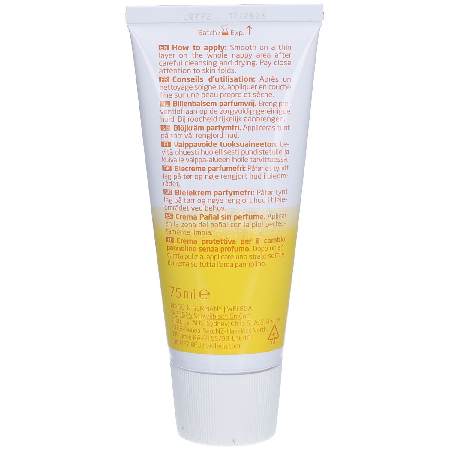 Dos du tube de crème Weleda Baby. Texte multilingue, ingrédients, numéro de lot.