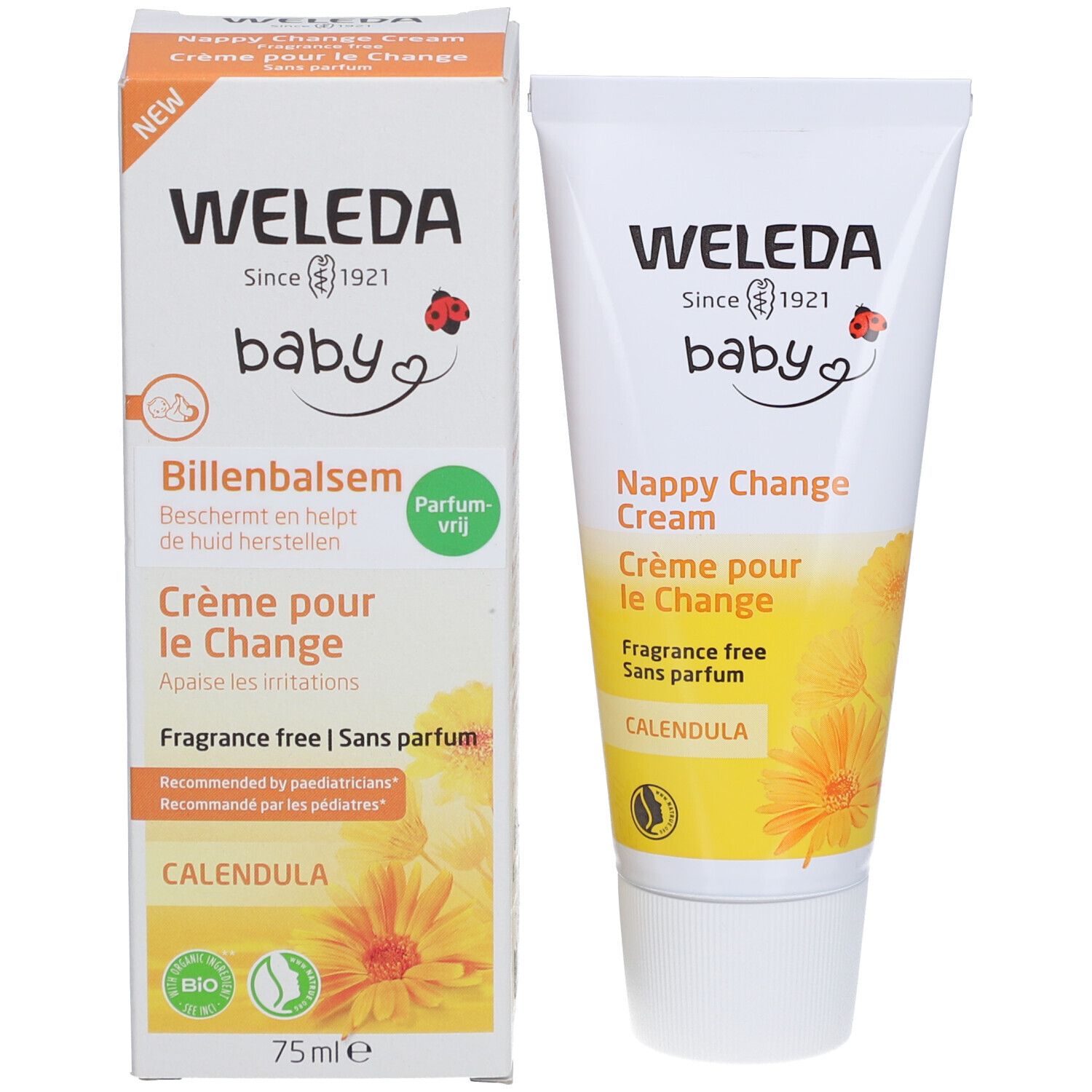 Weleda Baby crème et emballage. Inscription: Billenbalsem, Crème pour le Change, sans parfum.