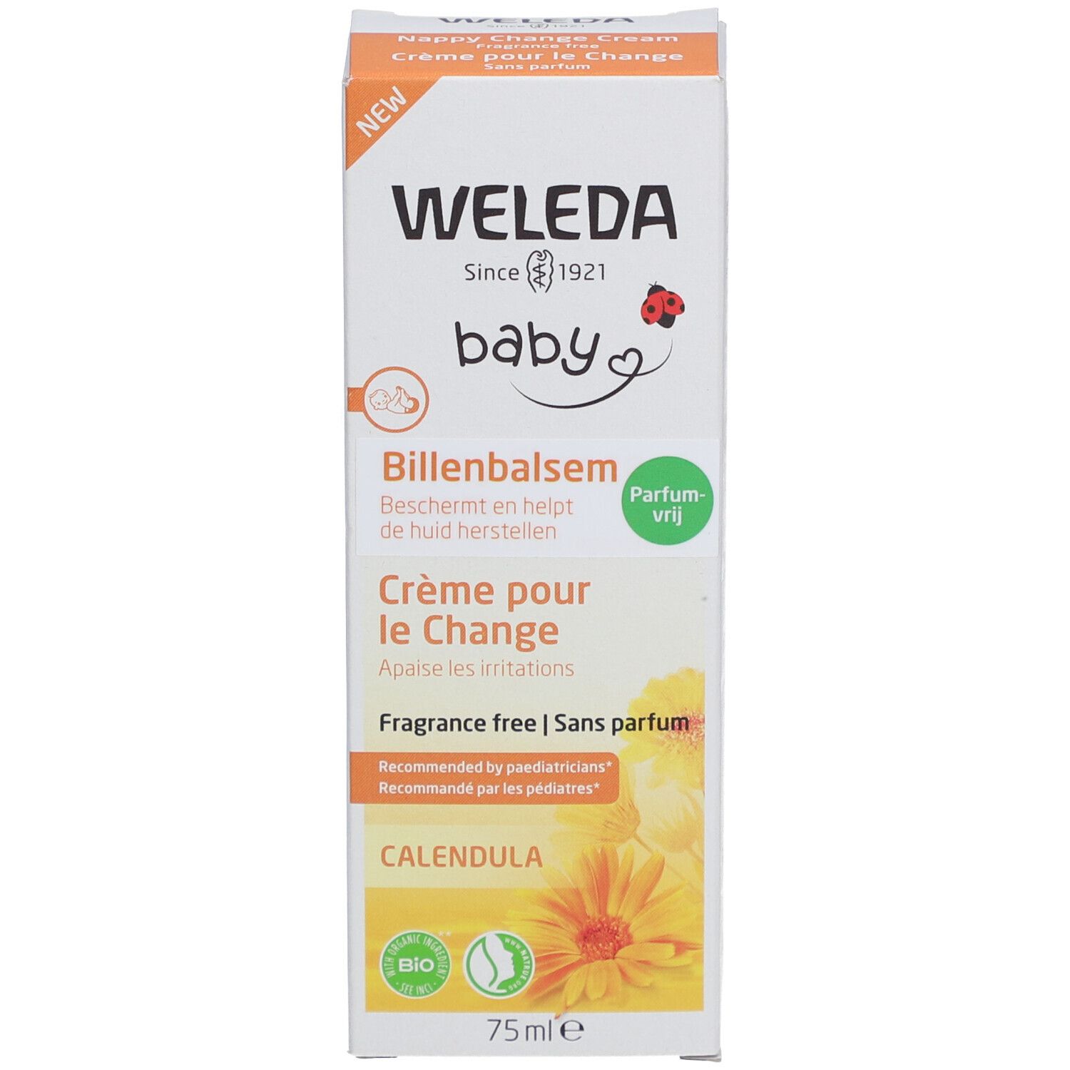 Emballage de la crème Weleda Baby. Inscription: Billenbalsem, Crème pour le Change, sans parfum.