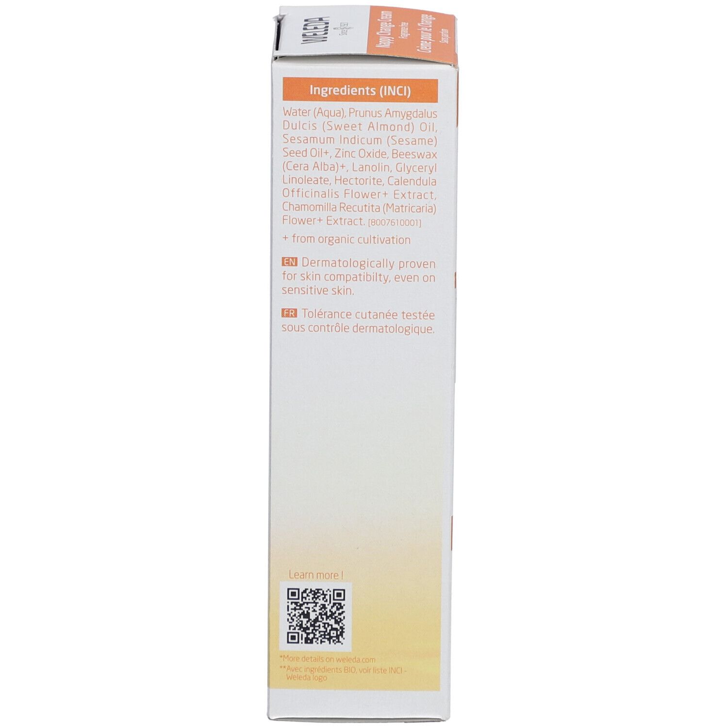Dos de l'emballage de la crème Weleda Baby. Ingrédients, texte multilingue.