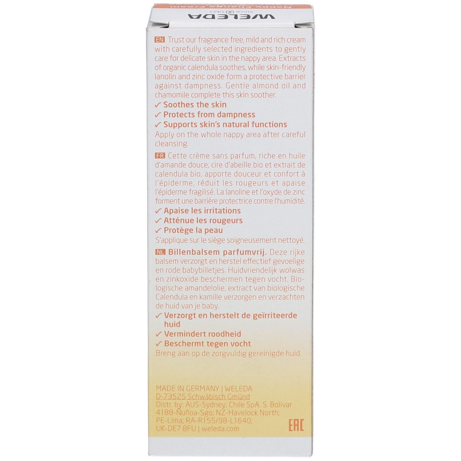 Dos de l'emballage de la crème Weleda Baby. Texte multilingue, informations sur le produit.