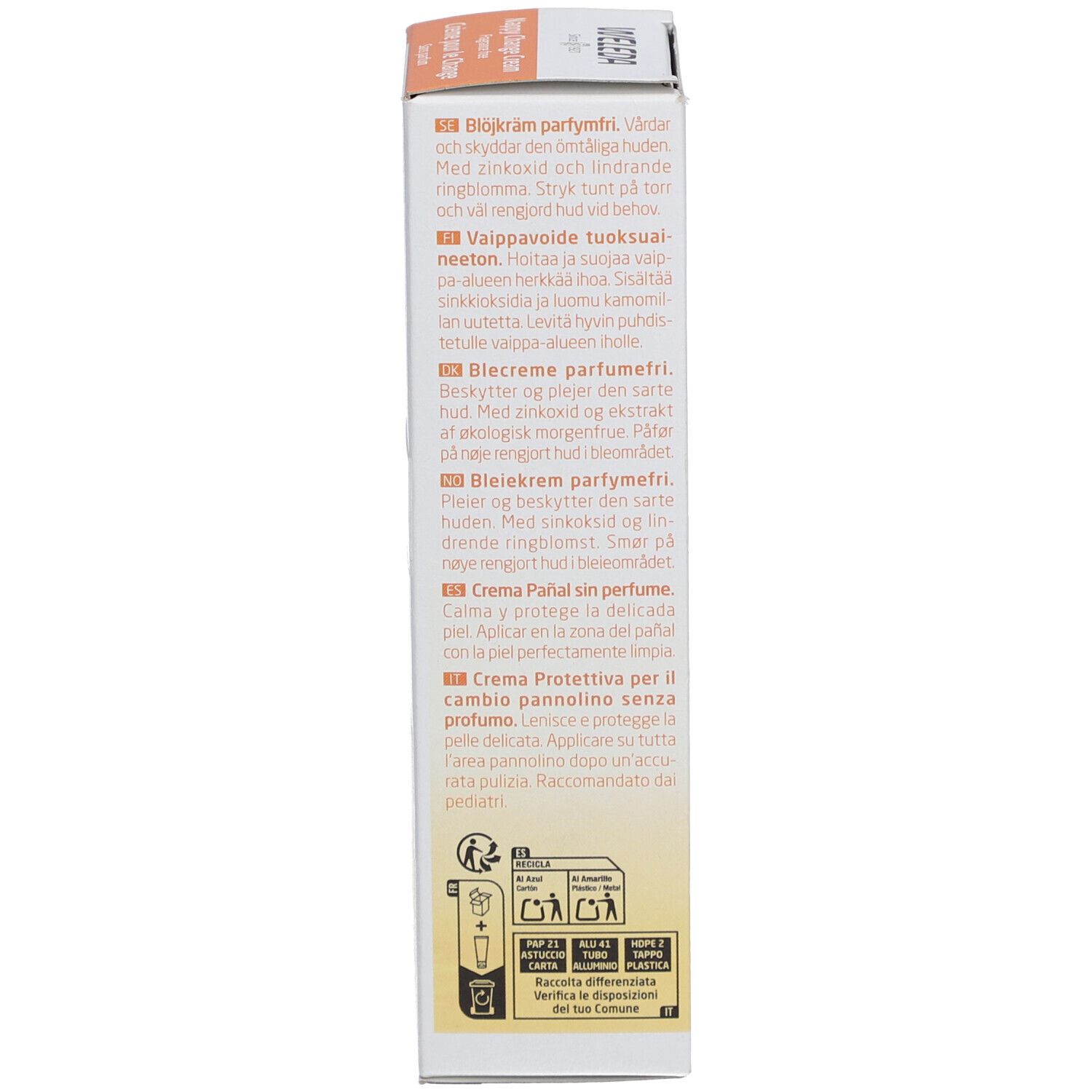 Dos de l'emballage de la crème Weleda Baby. Texte multilingue, informations sur le produit.