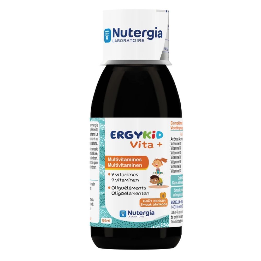 Flacon Ergykid Vita+. Étiquette avec informations et illustrations. Marque Nutergia.