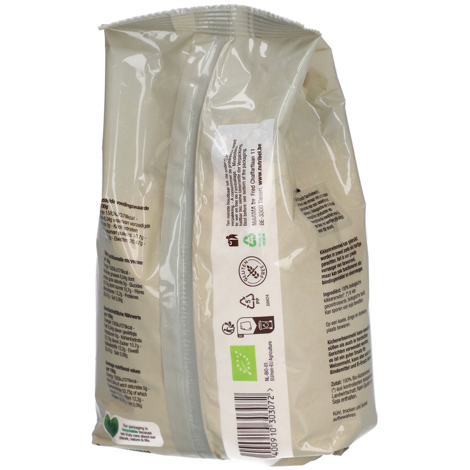 Achterkant van de zak kikkererwtenmeel. Opschrift: Bio-label, voedingswaarde, recyclingsymbolen.