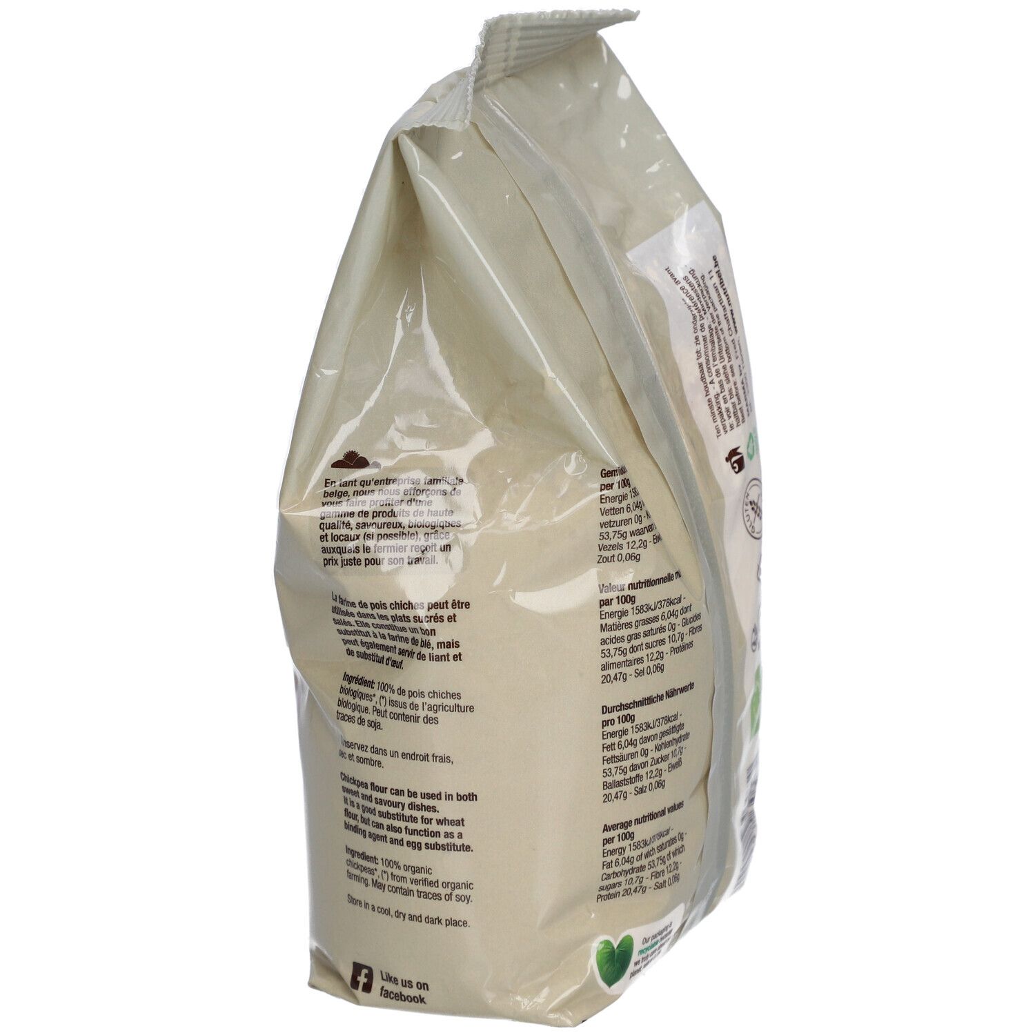 Zijaanzicht van de zak kikkererwtenmeel. Opschrift: Voedingswaarde, bio-label, ingrediëntenlijst.