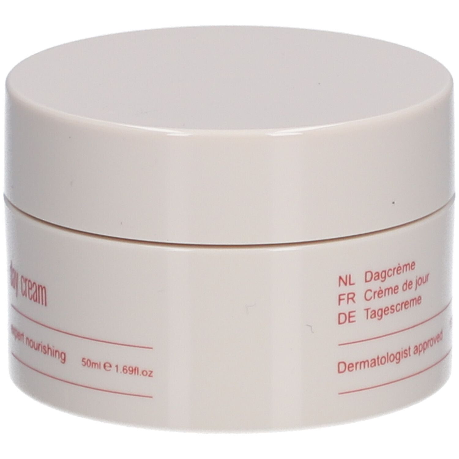 Beige Tiegel mit Aufschrift. Text: day cream, expert nourishing, 50ml, Dermatologist approved.
