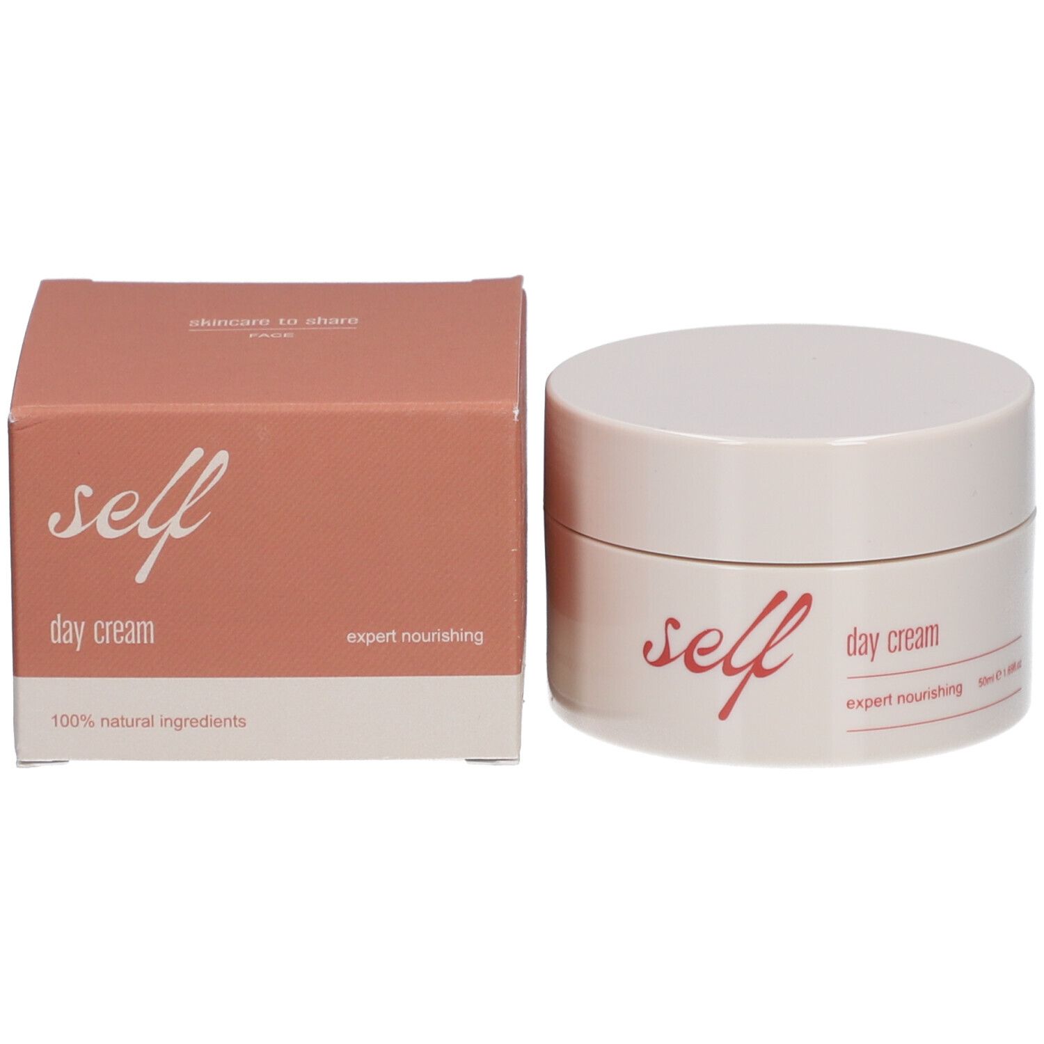 Produktverpackung mit Tiegel. Aufschrift: self day cream, expert nourishing, 100% natural ingredients.