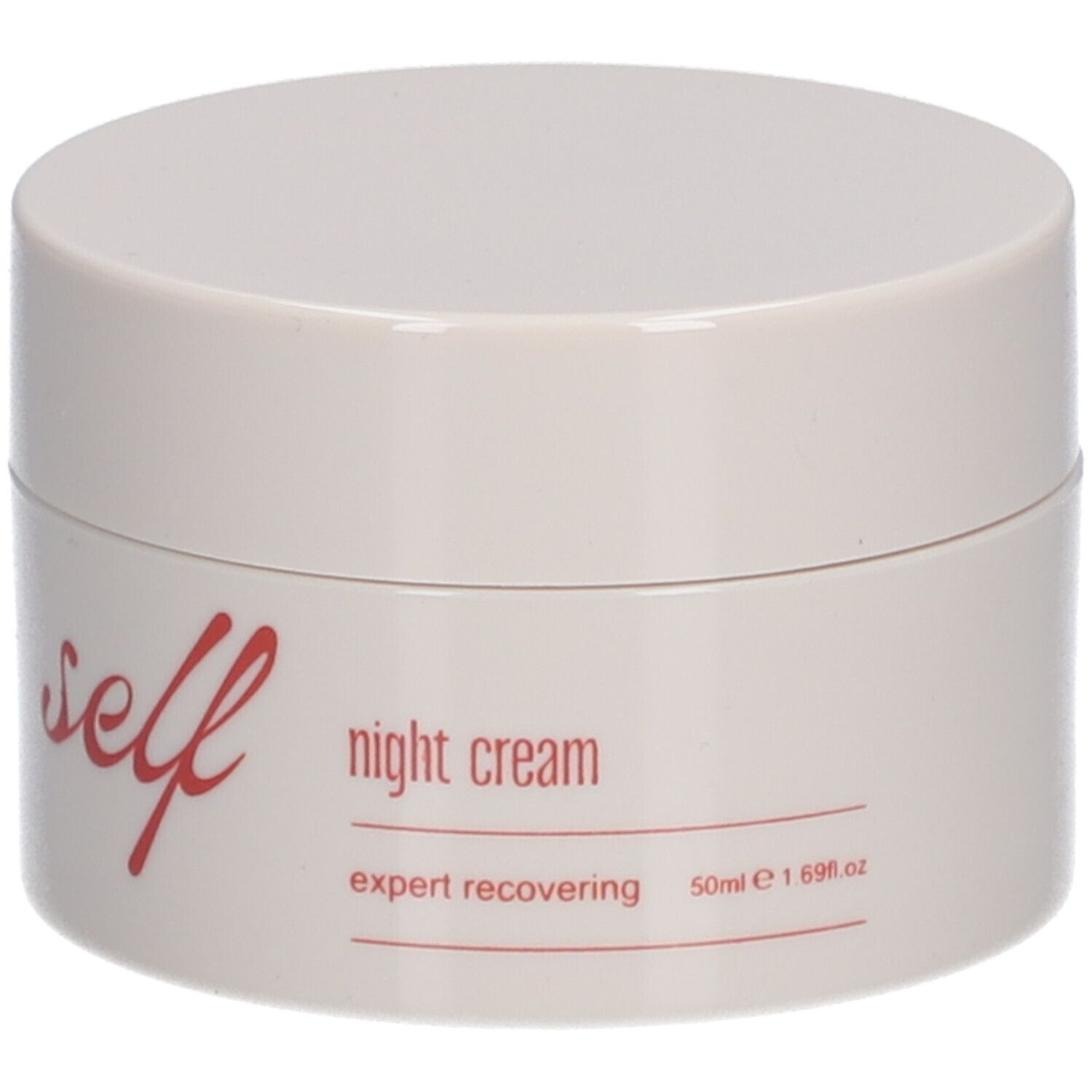 Weißer Cremebehälter. Aufschrift "self", "night cream", "expert recovering". Roter Schriftzug. 50ml/1.69 fl.oz.