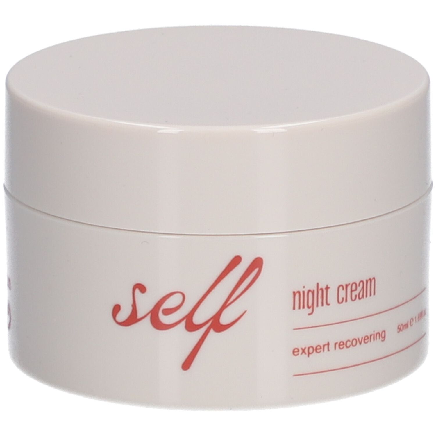 Weißer Cremebehälter. Aufschrift "self", "night cream", "expert recovering". Roter Schriftzug. 50ml/1.69 fl.oz.