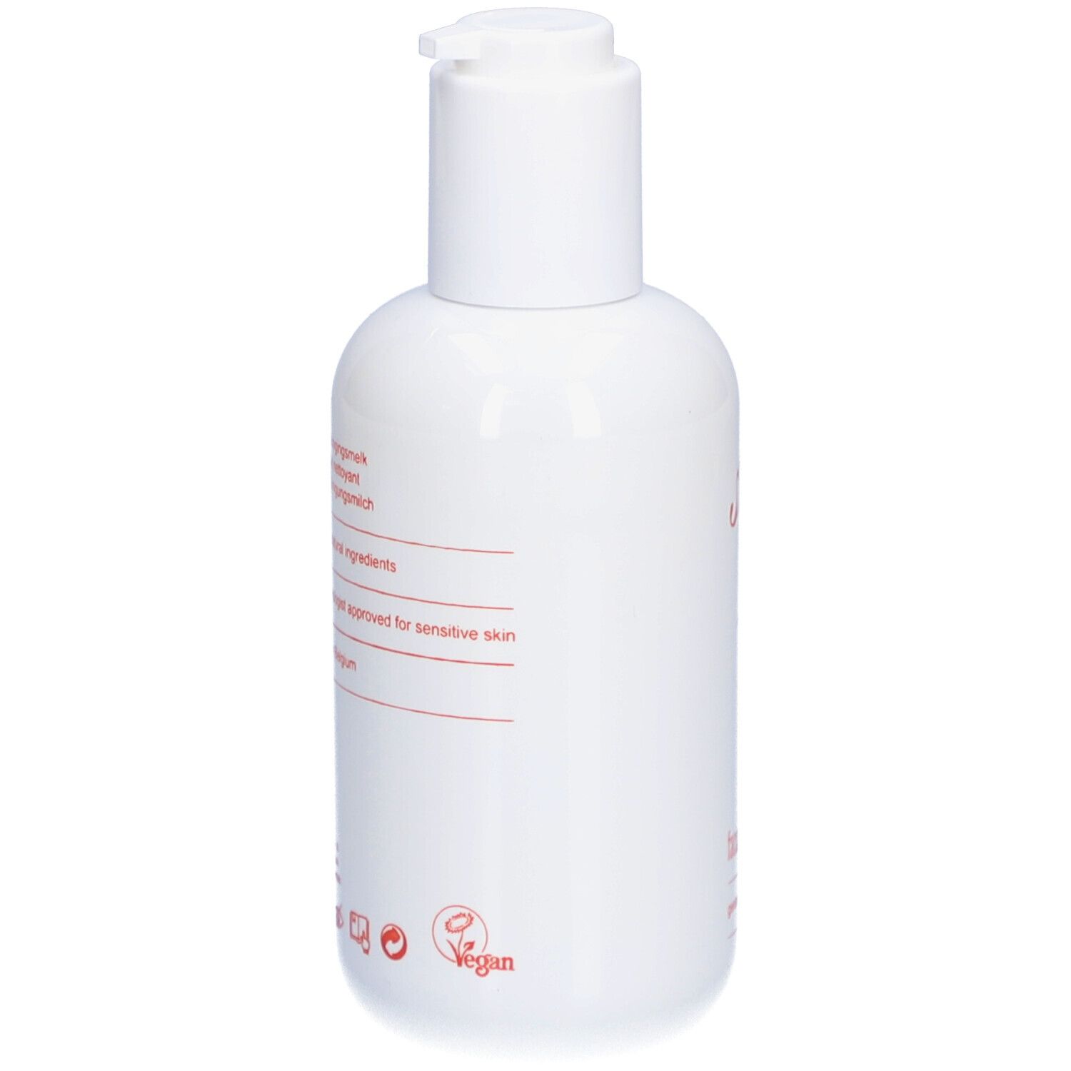Witte fles met rode tekst. Bevat informatie over ingrediënten en dermatologische compatibiliteit. Vegan logo.