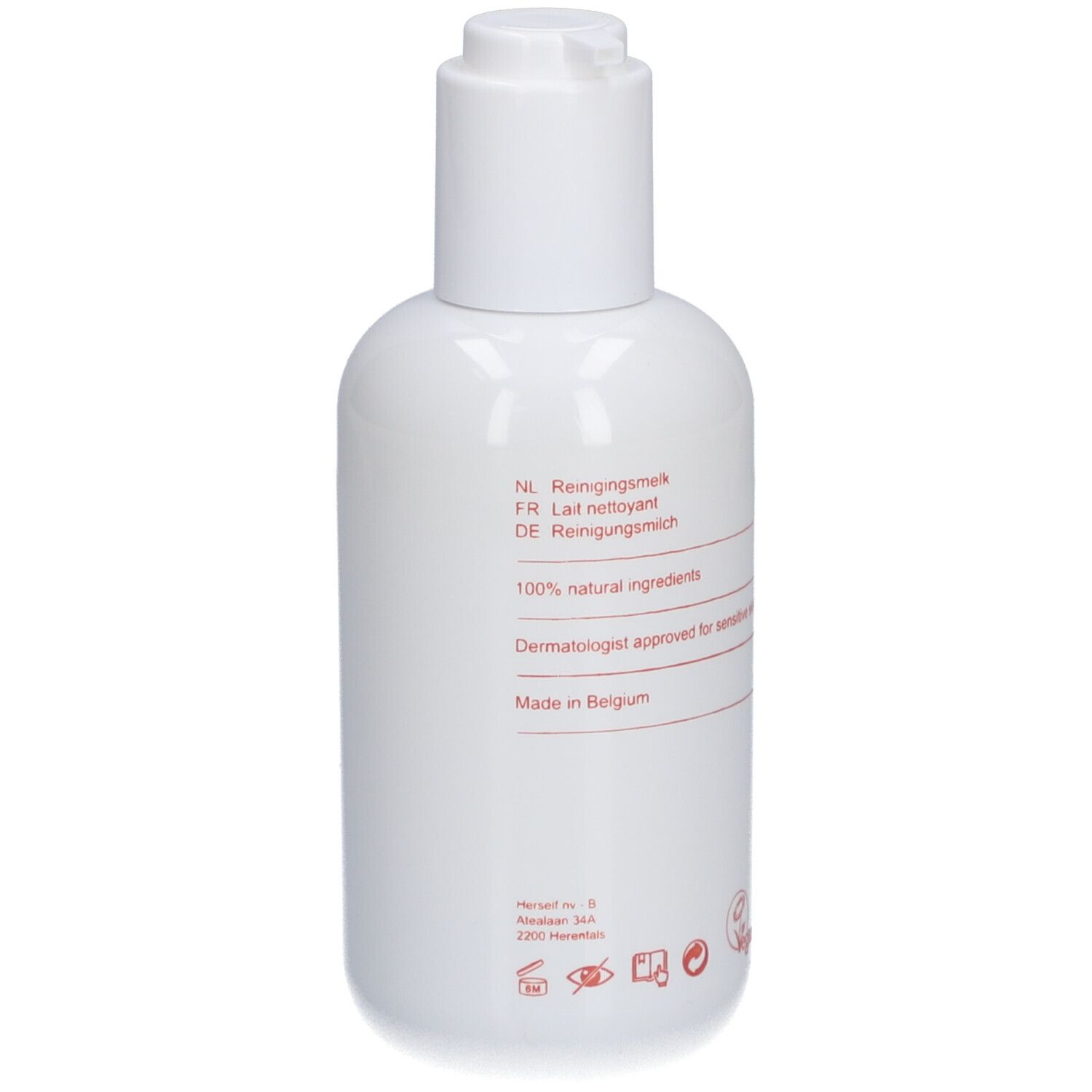 Witte fles met rode tekst. Bevat informatie over ingrediënten en herkomst. Vegan logo.