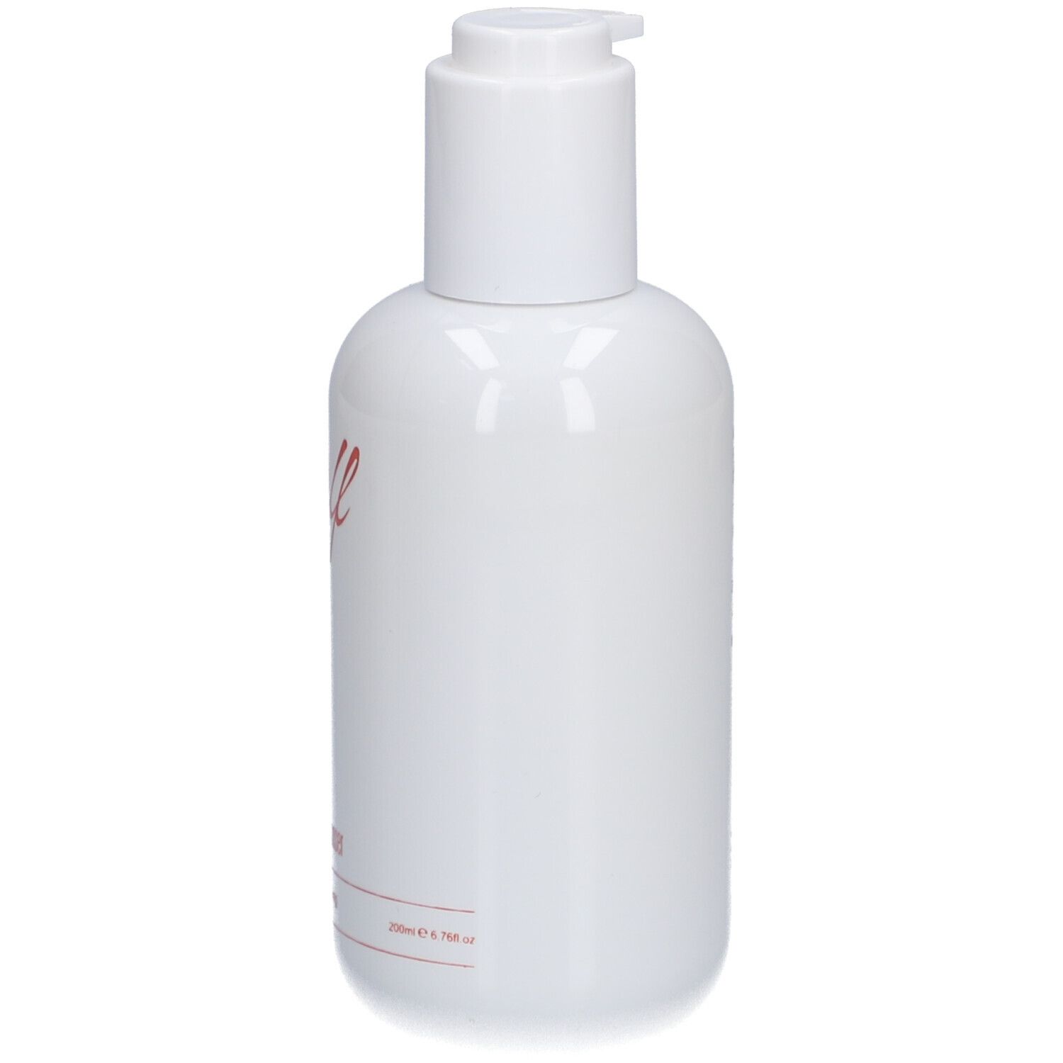 Witte fles met rode tekst "self" en "facial cleanser". Pompdop. Opschrift "gentle purifying".