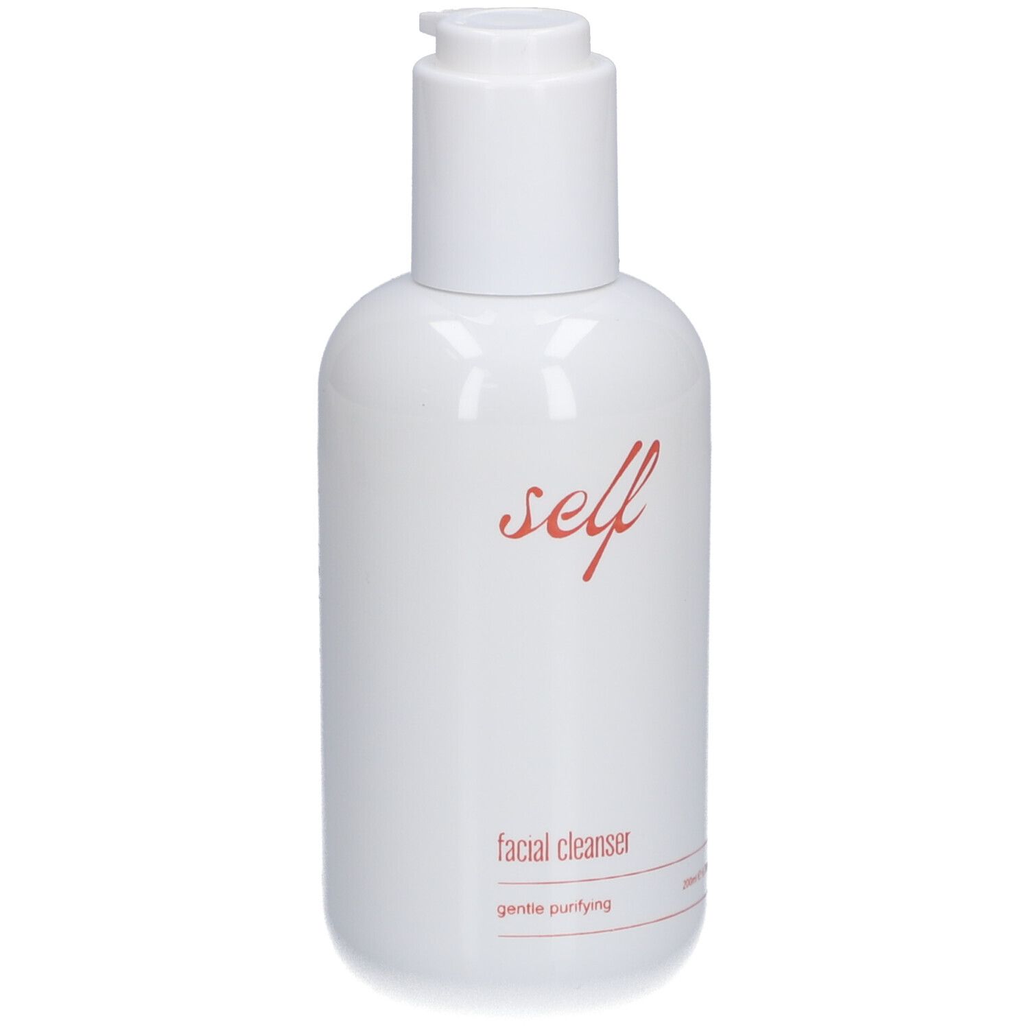 Witte fles met rode tekst "self" en "facial cleanser". Pompdop. Opschrift "gentle purifying".
