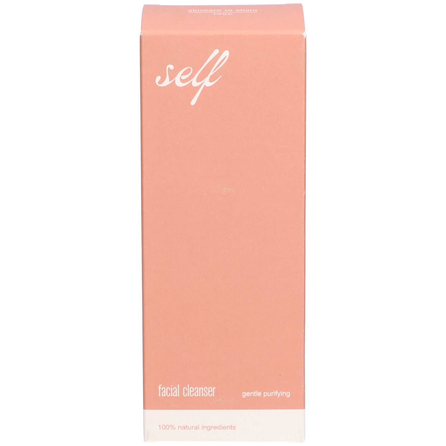 Roze verpakking met witte tekst "self" en "facial cleanser". Opschrift "gentle purifying".