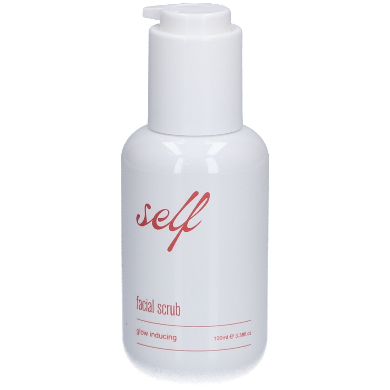 Weiße Flasche mit Pumpe. Aufschrift "self facial scrub glow inducing".