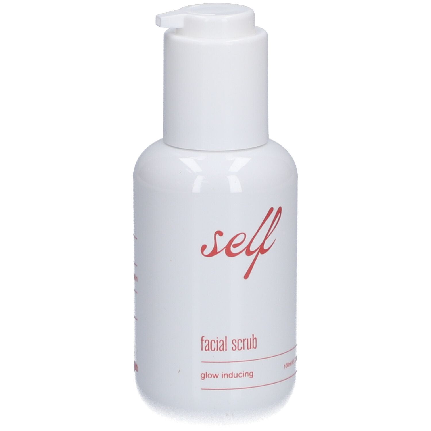 Weiße Flasche mit Pumpe. Aufschrift "self facial scrub glow inducing".