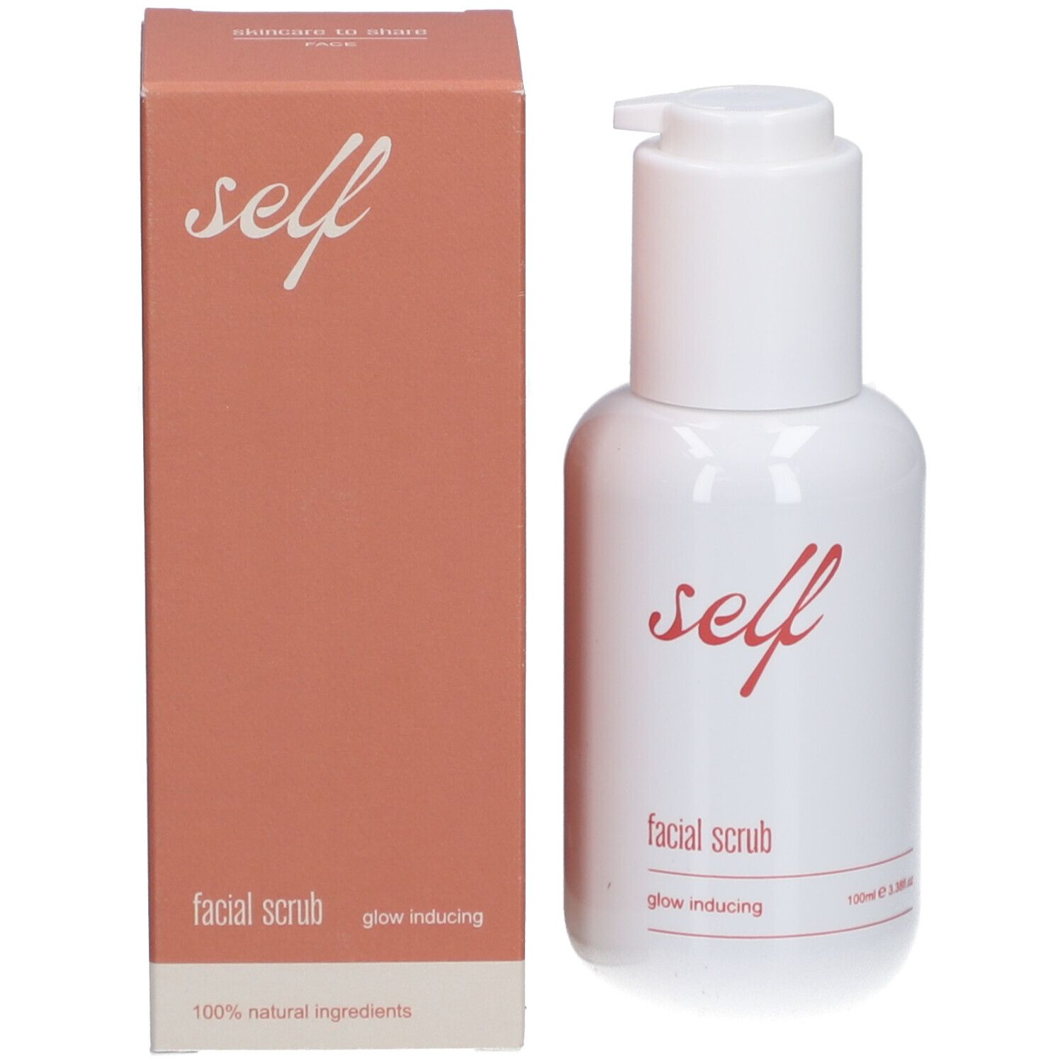 Produkt mit Verpackung. Weiße Flasche mit Pumpe und Karton. Aufschrift "self".