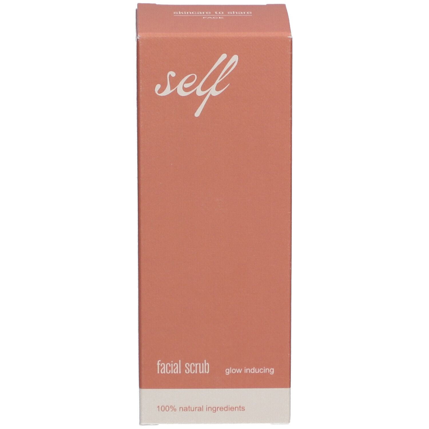 Kartonverpackung. Aufschrift "self facial scrub glow inducing".