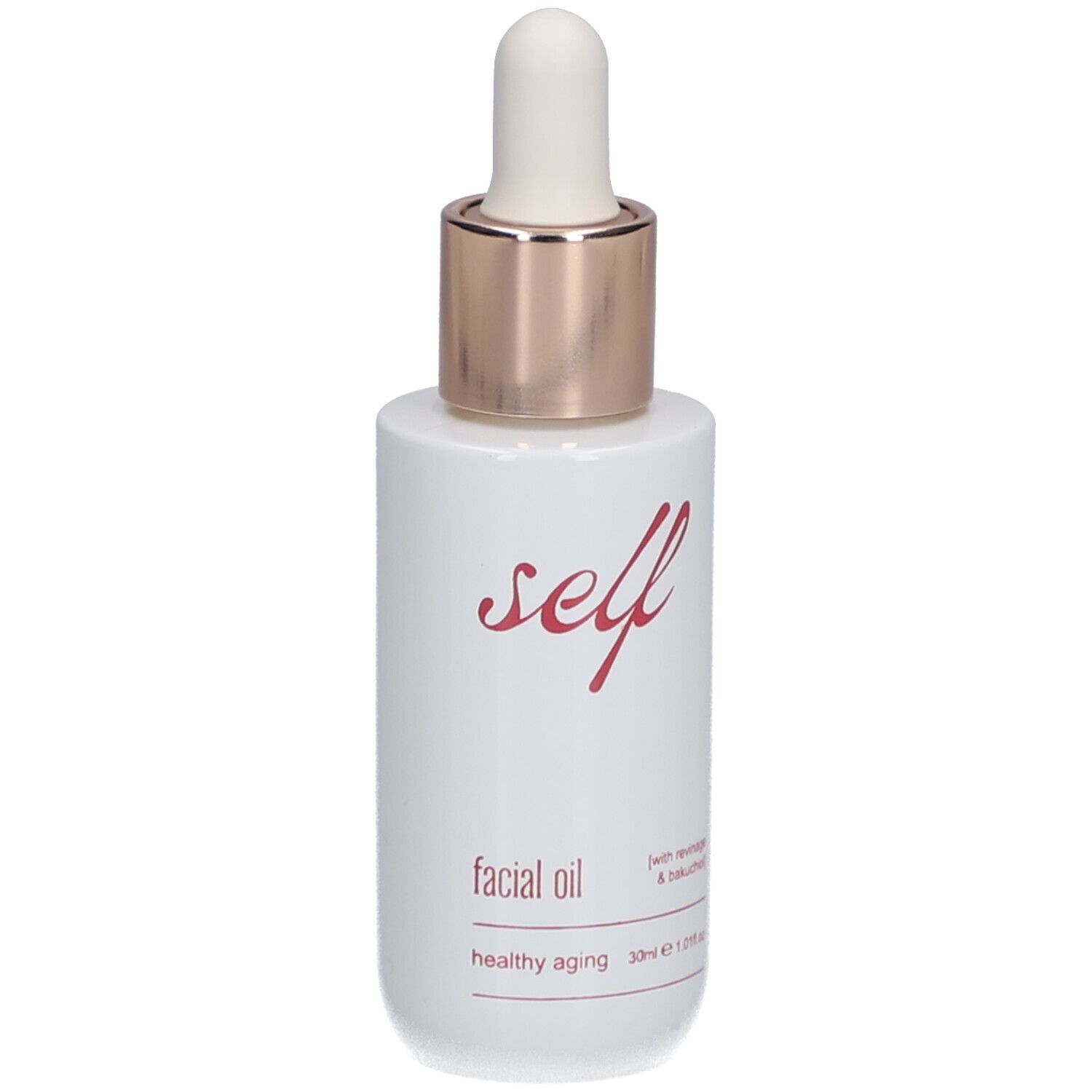 Flacon blanc avec pipette. Inscription "self facial oil healthy aging".