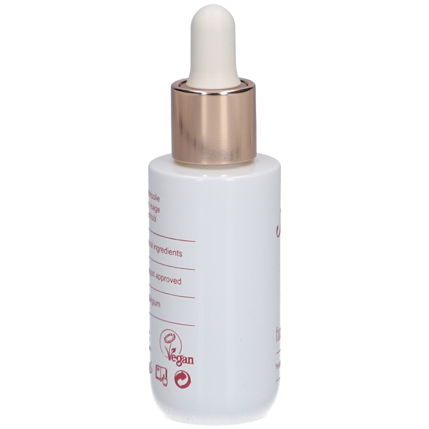 Flacon blanc avec pipette. Inscription "Vegan".