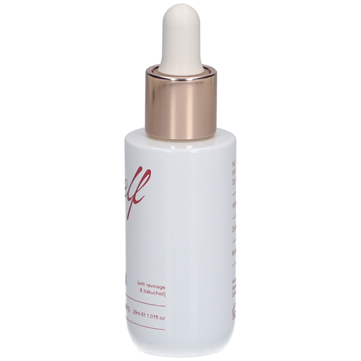 Flacon blanc avec pipette. Inscription "self facial oil" et "healthy aging".