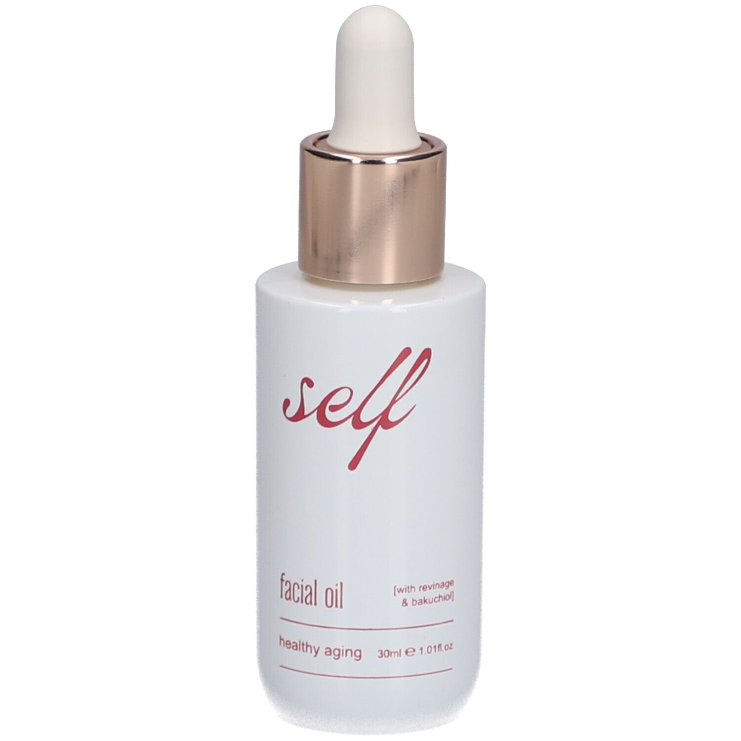 Flacon blanc avec pipette. Inscription "self facial oil healthy aging".
