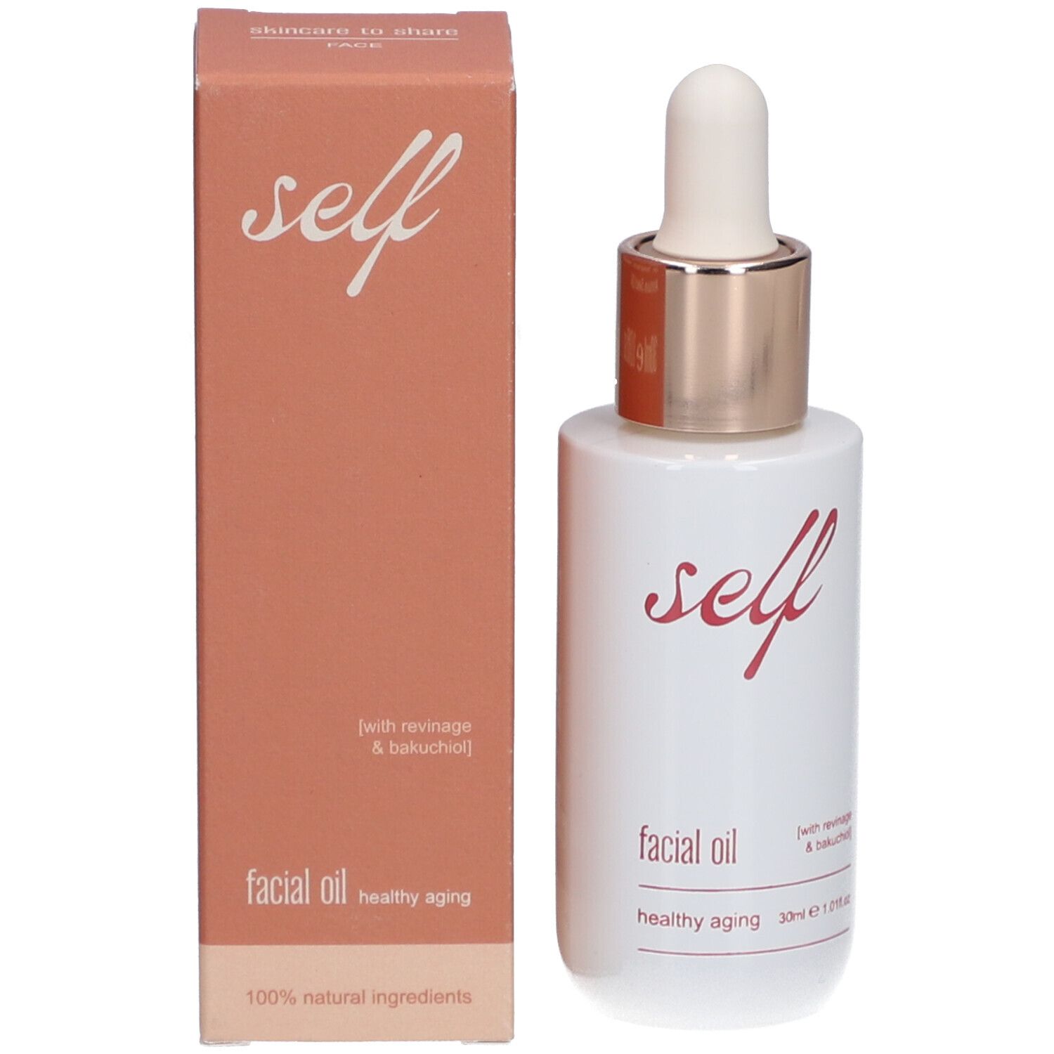 Flacon et emballage du produit. Inscription "self facial oil healthy aging".
