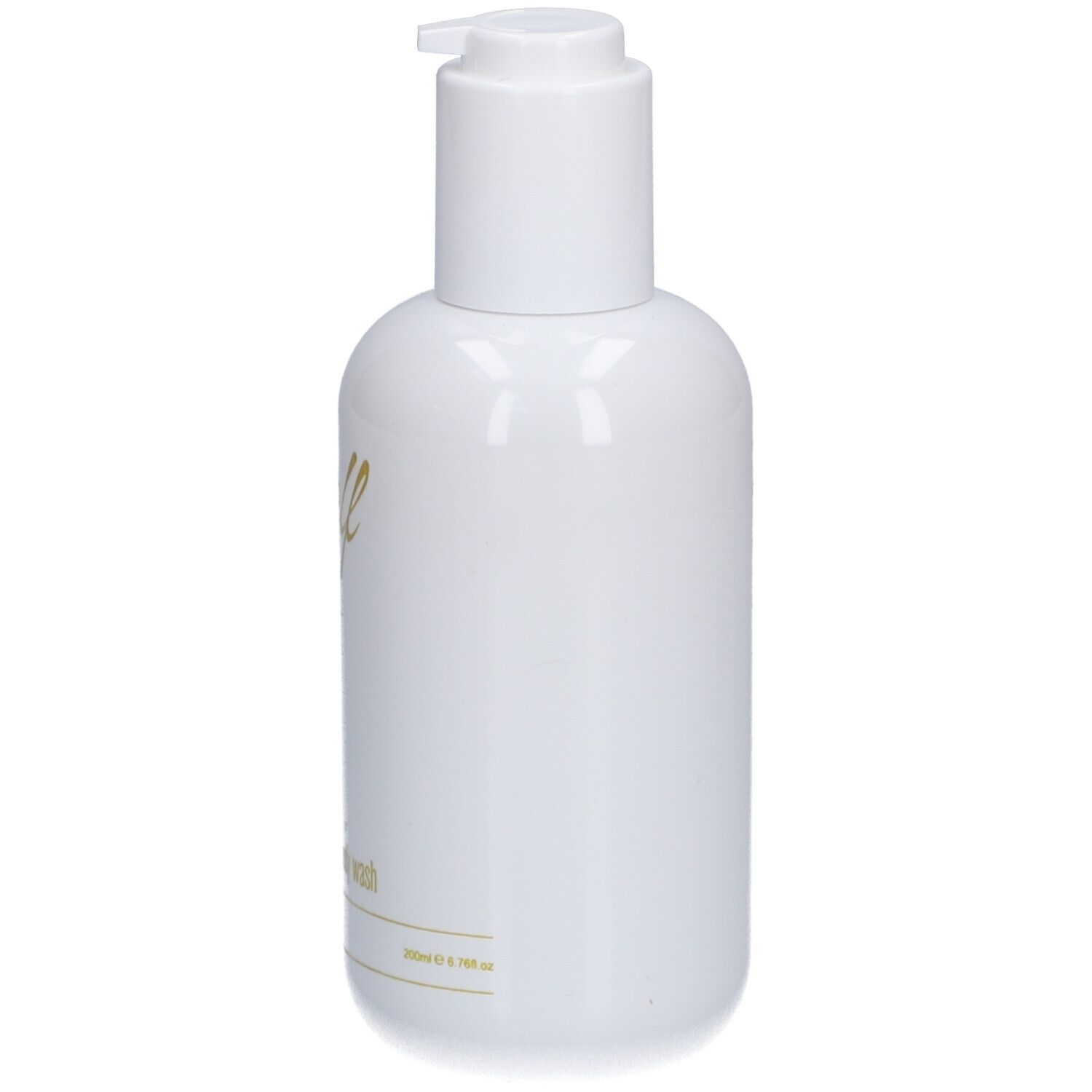 Weiße Flasche mit Spender. Goldener Schriftzug "self", darunter "hand & body wash".