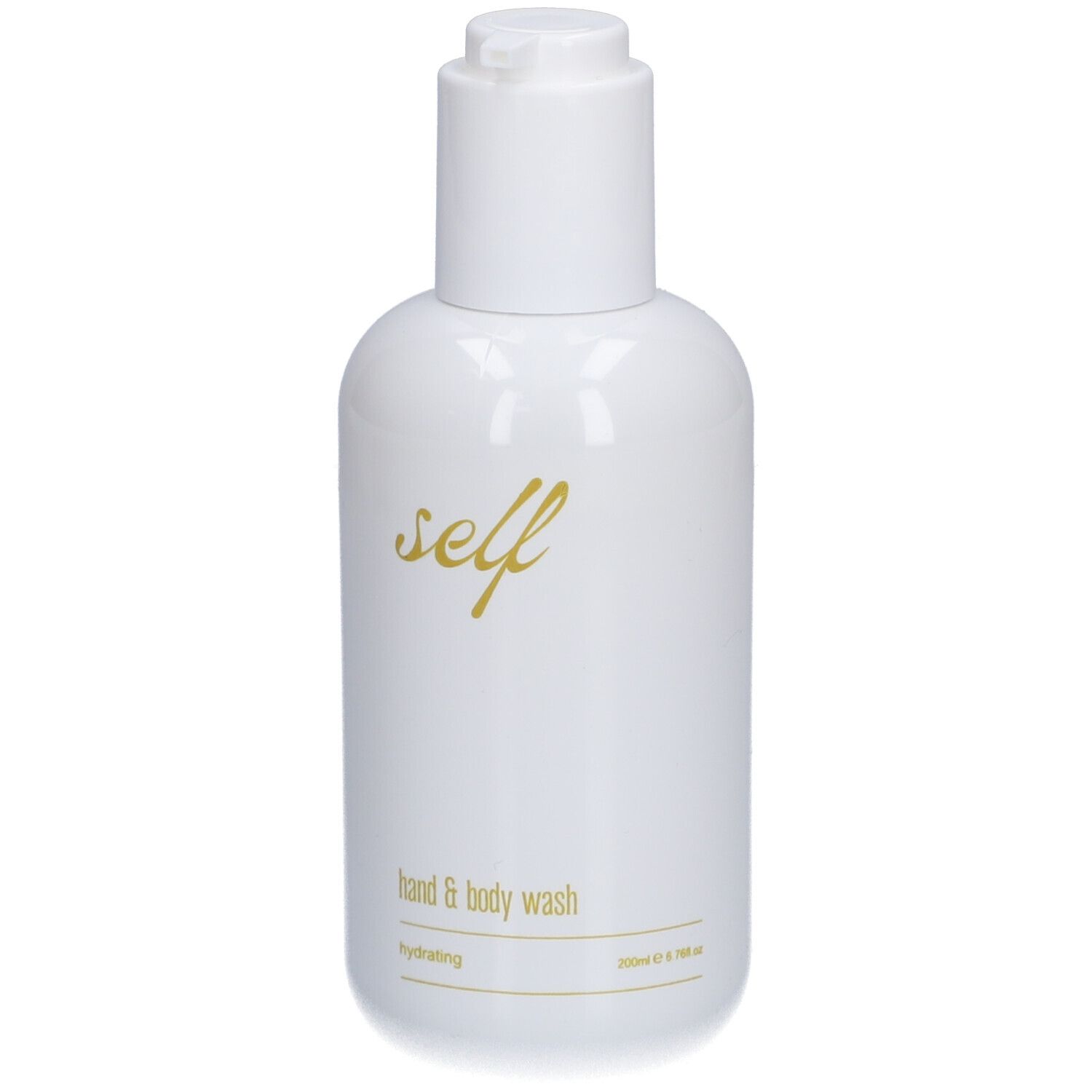 Weiße Flasche mit Spender. Goldener Schriftzug "self", darunter "hand & body wash".