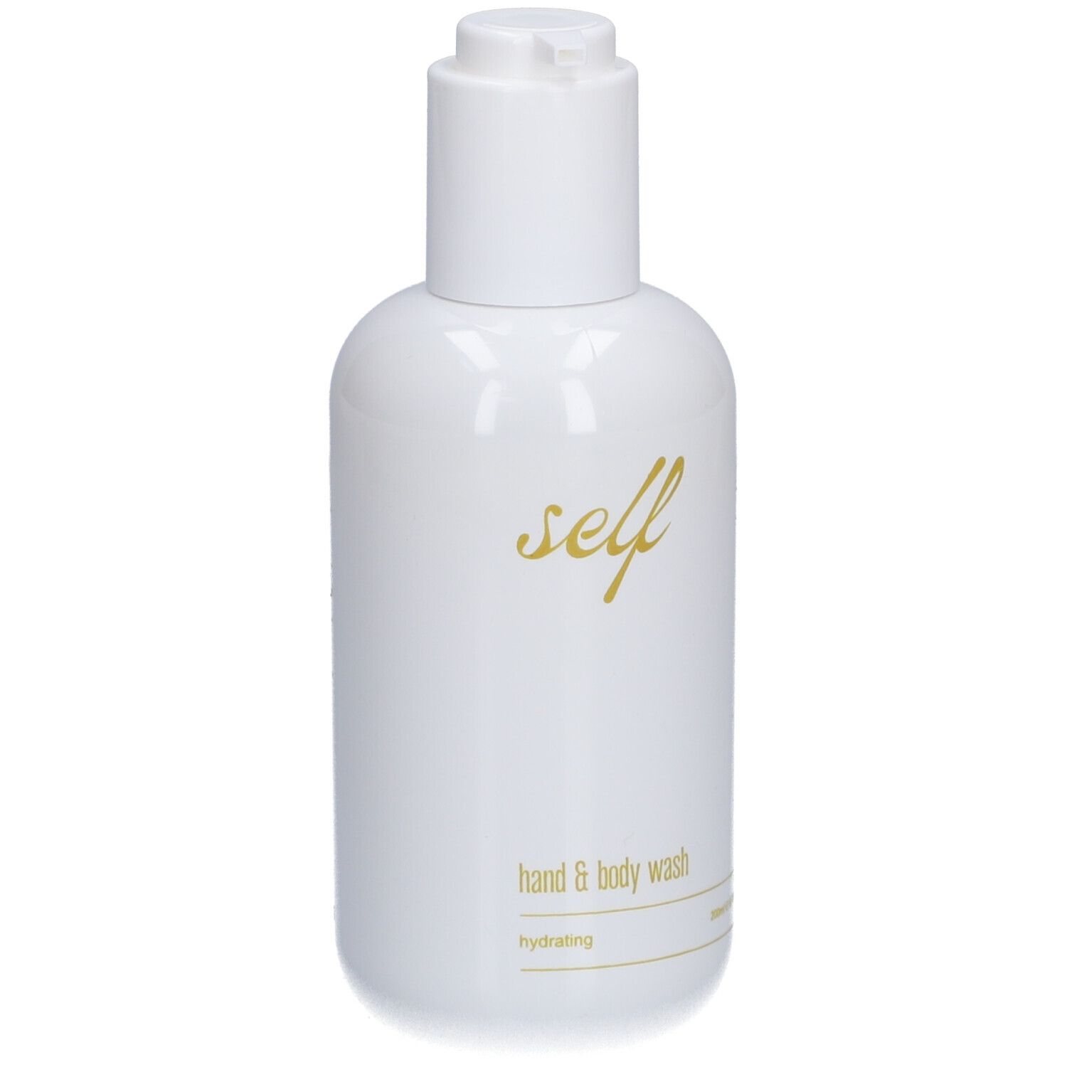 Weiße Flasche mit Spender. Goldener Schriftzug "self", darunter "hand & body wash".